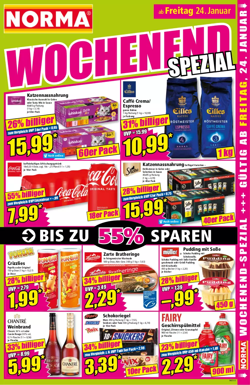 Aktueller Prospekt Norma - Norma - von 20.01 bis 27.01.2025 - strona 17 - produkty: apfel, Becher, bohne, Bratheringe, caffè crema, cuvée, erfrischungsgetränk, espresso, flasche, Geflügel, gelee, geschirr, geschirrspülmittel, getränk, gewürz, gin, grana, granatapfel, hering, kirsch, mac, marinade, mars, Nassnahrung, oder twix, paprika, pudding, Rana, Ria, riegel, ring, rouge, sauce, schoko, schokoriegel, snickers, Soße, spülmittel, Ti, twix, vanille, wein, weinbrand, zitrone, ZTE