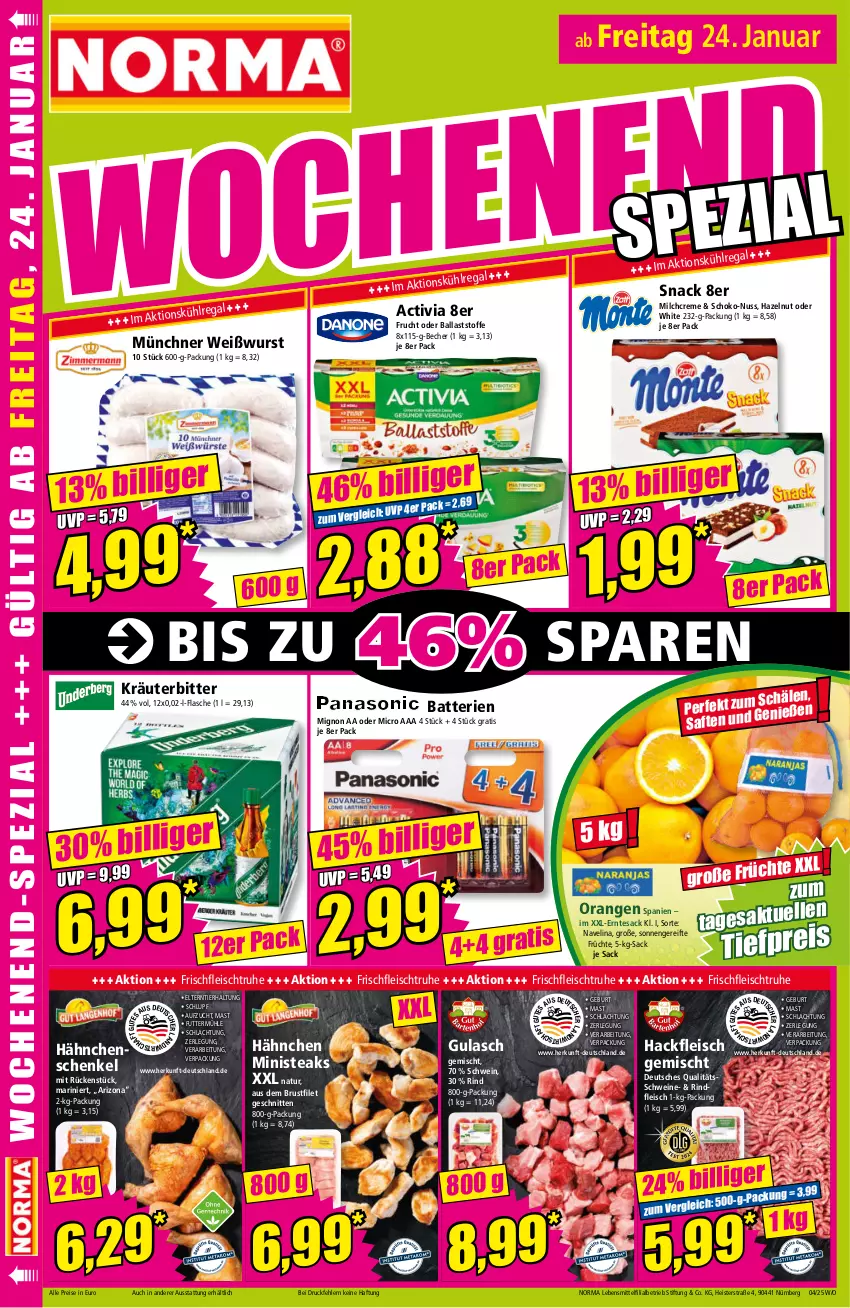 Aktueller Prospekt Norma - Norma - von 20.01 bis 27.01.2025 - strona 18 - produkty: activia, ball, batterie, batterien, Becher, brustfilet, creme, eis, filet, flasche, fleisch, frucht, früchte, gulasch, hackfleisch, hackfleisch gemischt, hähnchenschenkel, henkel, kräuter, lebensmittel, milch, natur, navelina, nuss, orange, orangen, regal, reis, rind, rindfleisch, sac, saft, schenkel, schnitten, schoko, schwein, schweine, snack, steak, steaks, tesa, Ti, tiefpreis, wein, weine, Weißwurst, wurst