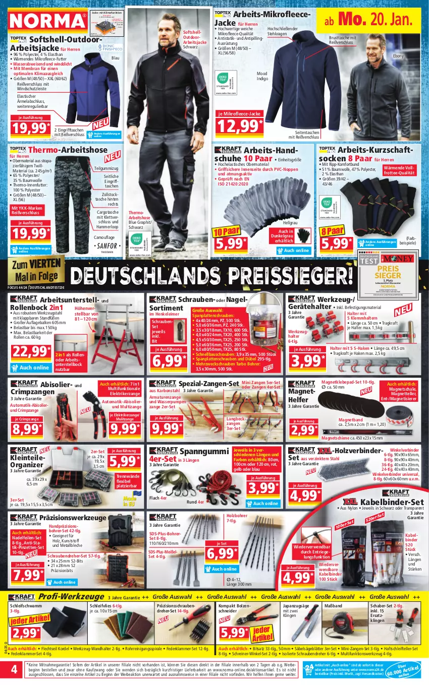 Aktueller Prospekt Norma - Norma - von 20.01 bis 27.01.2025 - strona 4 - produkty: abis, Anzug, armatur, armaturen, asti, auto, Bau, baumwolle, Bebe, Bohrer-Set, Bohrerset, eimer, eis, elle, Fleecejacke, gin, handschuhe, Hela, henkel, Holz, hose, HP, Jacke, kraft, Kurzschaftsocken, lamm, latte, leimer, LG, Magnets, merl, ndk, Pinzette, Reinigung, reis, reiss, Ria, riegel, rwe, Säbelsäge, säge, Schal, Schale, schrauben, Schraubendreher, schuhe, schwamm, socken, Spezi, Spiele, Tasche, taschen, tee, teller, Ti, Tipi, tisch, wasser, Wasserpumpenzange, weck, werkzeug, werkzeuge, Werkzeughalter, Windschutz, wolle, Zangen