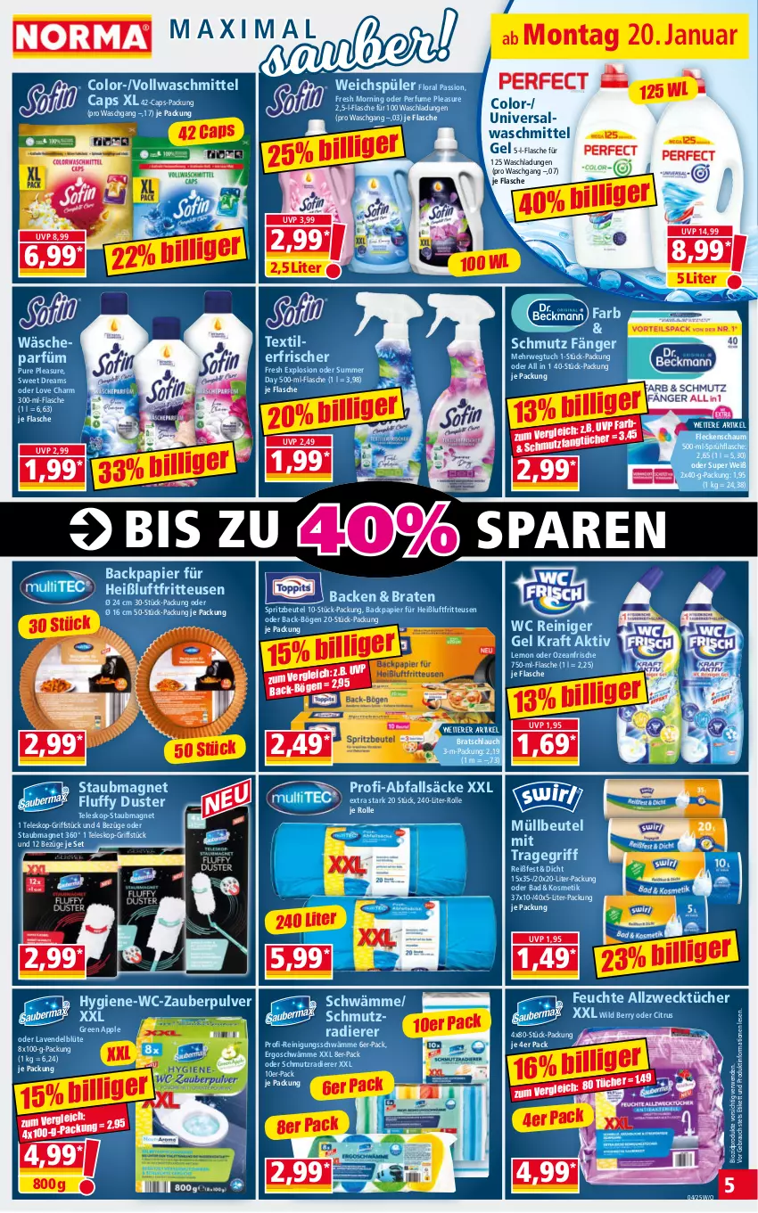 Aktueller Prospekt Norma - Norma - von 20.01 bis 27.01.2025 - strona 5 - produkty: Allzwecktücher, Alwa, Apple, Bad, beutel, bio, biozidprodukte, Blüte, braten, Cap, citrus, flasche, fritteuse, Heißluftfritteuse, kosmetik, kraft, lavendel, müllbeutel, papier, Rauch, reiniger, reiniger gel, Reinigung, rwe, schlauch, sprühflasche, staubmagnet, Teleskop, Textilerfrischer, Ti, tragegriff, tuc, tücher, vollwaschmittel, wäscheparfüm, waschmittel, weck, weichspüler, Wild, wild berry