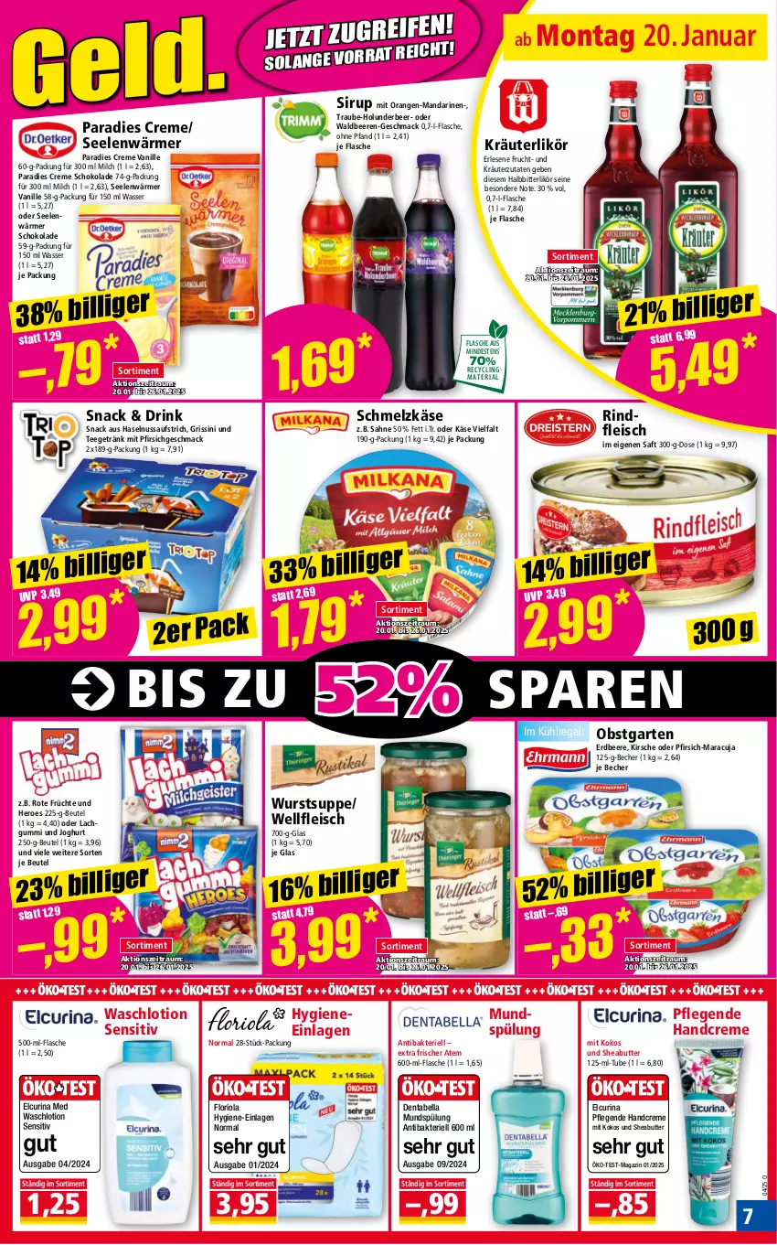 Aktueller Prospekt Norma - Norma - von 20.01 bis 27.01.2025 - strona 7 - produkty: aufstrich, Becher, beere, beeren, beutel, butter, Clin, creme, drink, eis, erdbeere, flasche, fleisch, frucht, früchte, Garten, getränk, grissini, handcreme, haselnuss, hero, holunder, joghur, joghurt, Käse, Käse Snack, käse vielfalt, kirsch, kirsche, kokos, kräuter, kräuterlikör, kühlregal, lachgummi, likör, Lotion, mac, magazin, mandarine, mandarinen, maracuja, milch, mundspülung, nuss, obst, obstgarten, orange, orangen, Paradies Creme, pfirsich, recyclingmaterial, regal, Ria, rind, rindfleisch, Rindfleisch im eigenen saft, saft, sahne, Schmelzkäse, schoko, schokolade, Sheabutter, sirup, snack, spülung, suppe, tee, Ti, vanille, Waschlotion, wasser, wurst