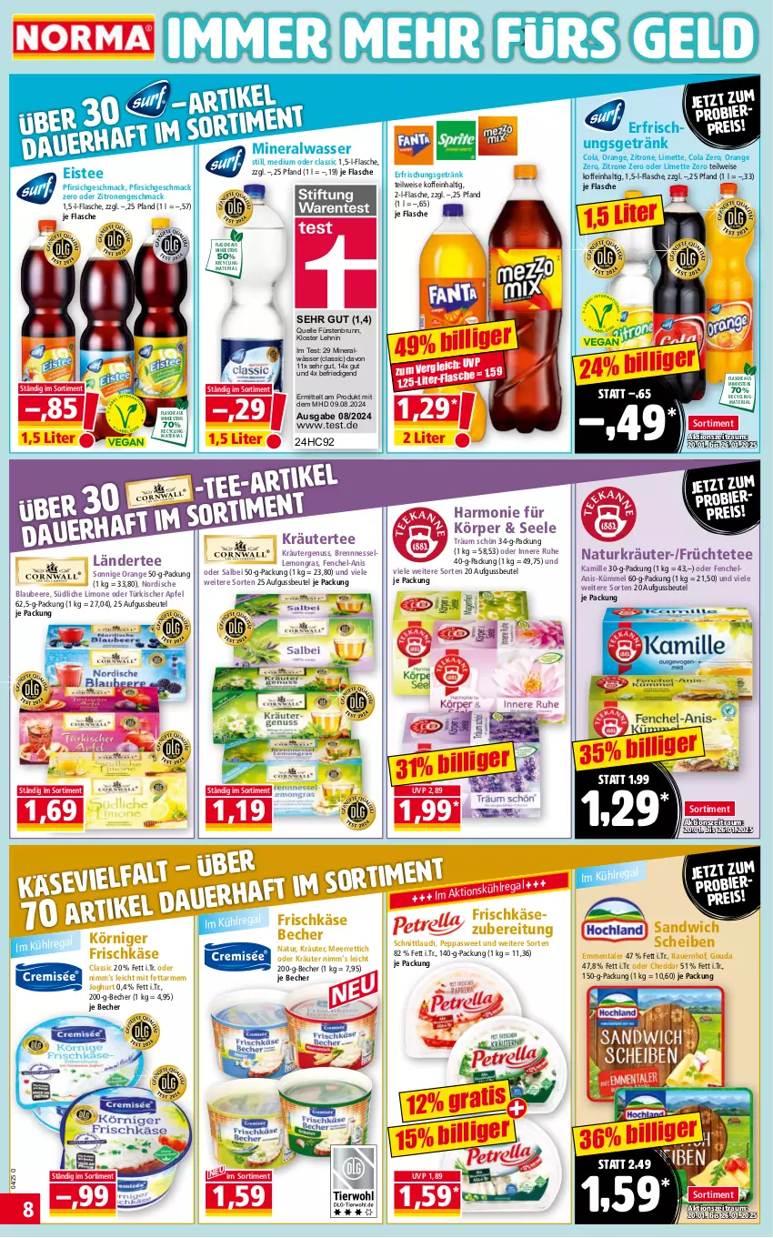 Aktueller Prospekt Norma - Norma - von 20.01 bis 27.01.2025 - strona 8 - produkty: Alwa, apfel, auer, Bau, Bauer, Becher, beere, beutel, bier, Blaubeer, blaubeere, cheddar, Clin, cola, eis, eistee, Elan, elle, emmentaler, erfrischungsgetränk, fenchel, flasche, frischkäse, früchte, Früchtetee, getränk, gouda, Hela, HP, joghur, joghurt, Kamill, kamille, Käse, Körniger Frischkäse, kräuter, kühlregal, Ländertee, limette, limo, mac, meerrettich, Mett, mineralwasser, natur, nuss, oder kräuter, orange, pfirsich, recyclingmaterial, regal, reis, Rettich, Ria, sandwich, schnittlauch, tee, Ti, wasser, zitrone, zitronen