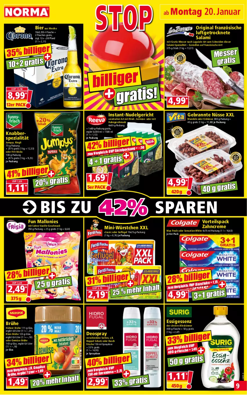 Aktueller Prospekt Norma - Norma - von 20.01 bis 27.01.2025 - strona 9 - produkty: bier, Brühe, creme, deo, deospray, erdnüsse, essig, flasche, Frit-Sticks, Geflügel, gin, hühner, LG, Luftgetrocknete Salami, mac, mandel, mandeln, Max Fresh, messer, Mini-Würstchen, nudel, Nudelgericht, rind, ring, sahne, salami, Spezi, Ti, tisch, vanille, würstchen, zahncreme, Zelt