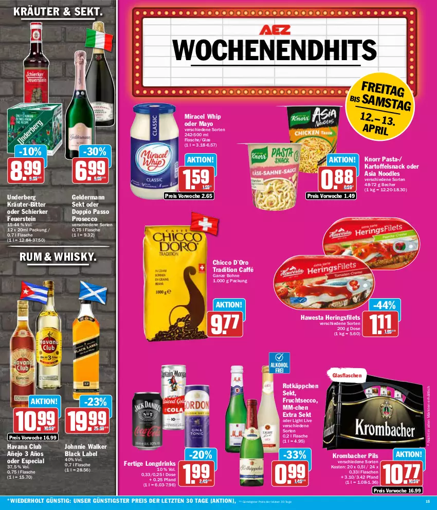 Aktueller Prospekt Aez - Prospekte - von 08.04 bis 13.04.2024 - strona 15 - produkty: Becher, black label, bohne, doppio passo, drink, drinks, ecco, eis, filet, filets, flasche, frucht, fruchtsecco, geldermann, glasflasche, Havana Club, hawesta, hering, Herings, heringsfilets, johnnie walker, kartoffel, knorr, knorr pasta, kräuter, krombache, krombacher, krombacher pils, lack, miracel, miracel whip, passo, pasta, pils, pril, prosecco, reis, ring, rotkäppchen, rum, sekt, snack, Ti, underberg, whisky, Yo, ZTE