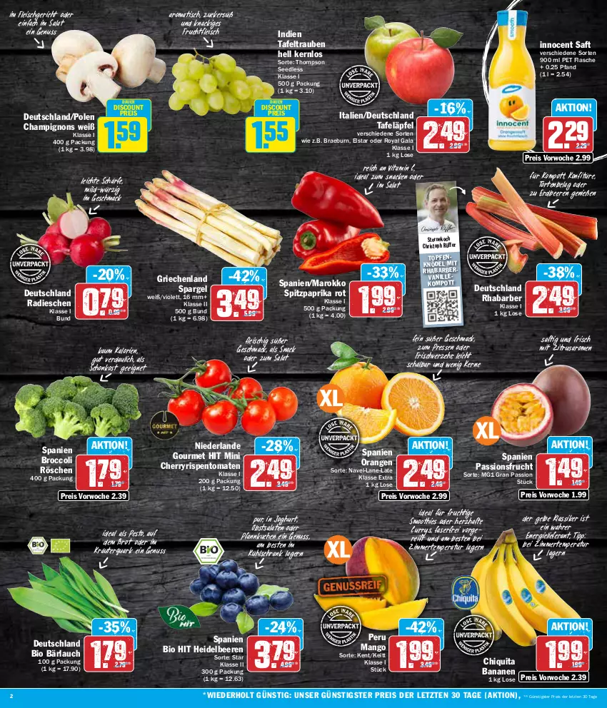 Aktueller Prospekt Aez - Prospekte - von 08.04 bis 13.04.2024 - strona 2 - produkty: auer, banane, bananen, beere, beeren, bio, bio hit, broccoli, brot, champignon, champignons, chiquita, curry, discount, eis, erdbeere, erdbeeren, flasche, fleisch, frucht, fruchtfleisch, heidelbeere, heidelbeeren, Innocent, joghur, joghurt, Knödel, konfitüre, kräuter, kuchen, kühlschrank, mac, mango, nuss, obst, orange, orangen, paprika, paprika rot, passionsfrucht, pesto, Pfannkuchen, quark, radieschen, reis, rhabarber, rispentomaten, saft, salat, salate, saro, Schrank, smoothie, smoothies, snack, spargel, Spitzpaprika, tafeläpfel, tafeltrauben, Ti, tisch, tomate, tomaten, topf, Topfen, Topfenknödel, torte, trauben, vanille, vita, Vitamin C, ZTE, zucker