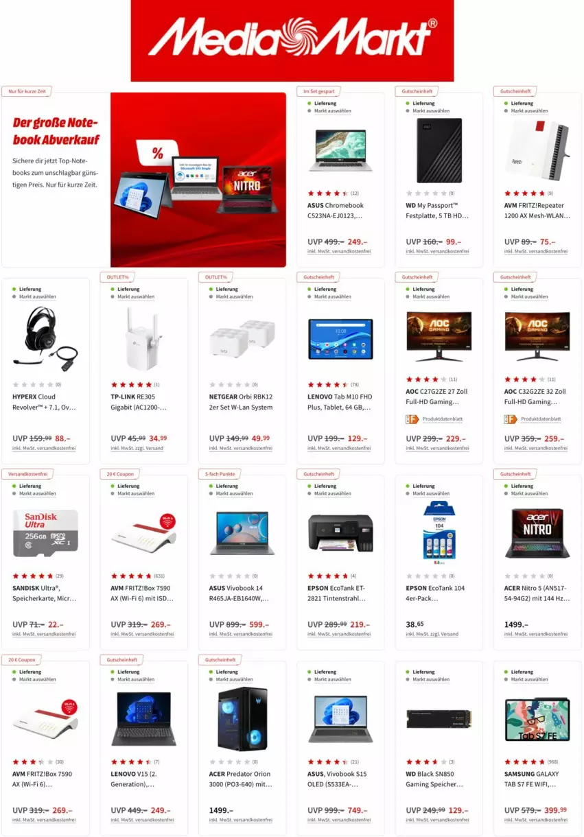 Aktueller Prospekt Media Markt - Prospekte - von 19.07 bis 03.08.2022 - strona 4 - produkty: acer, asus, eis, epson, festplatte, fritz, lack, latte, lenovo, Netgear, reis, Samsung, samsung galaxy, Samsung Galaxy A, sandisk, speicherkarte, Sport, tablet, Ti, TP-Link, VivoBook