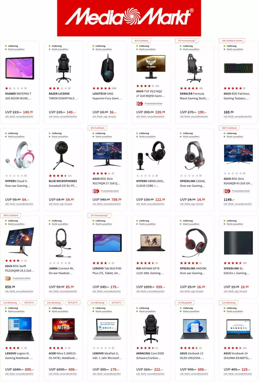 Aktueller Prospekt Media Markt - Prospekte - von 19.07 bis 03.08.2022 - strona 5 - produkty: acer, asus, ball, cin, gaming notebook, Headset, huawei, Huawei Mate, lack, lenovo, logitech, ndk, notebook, Razer, spee, stuhl, tablet, Tastatur, Ti, versandkostenfrei, VivoBook