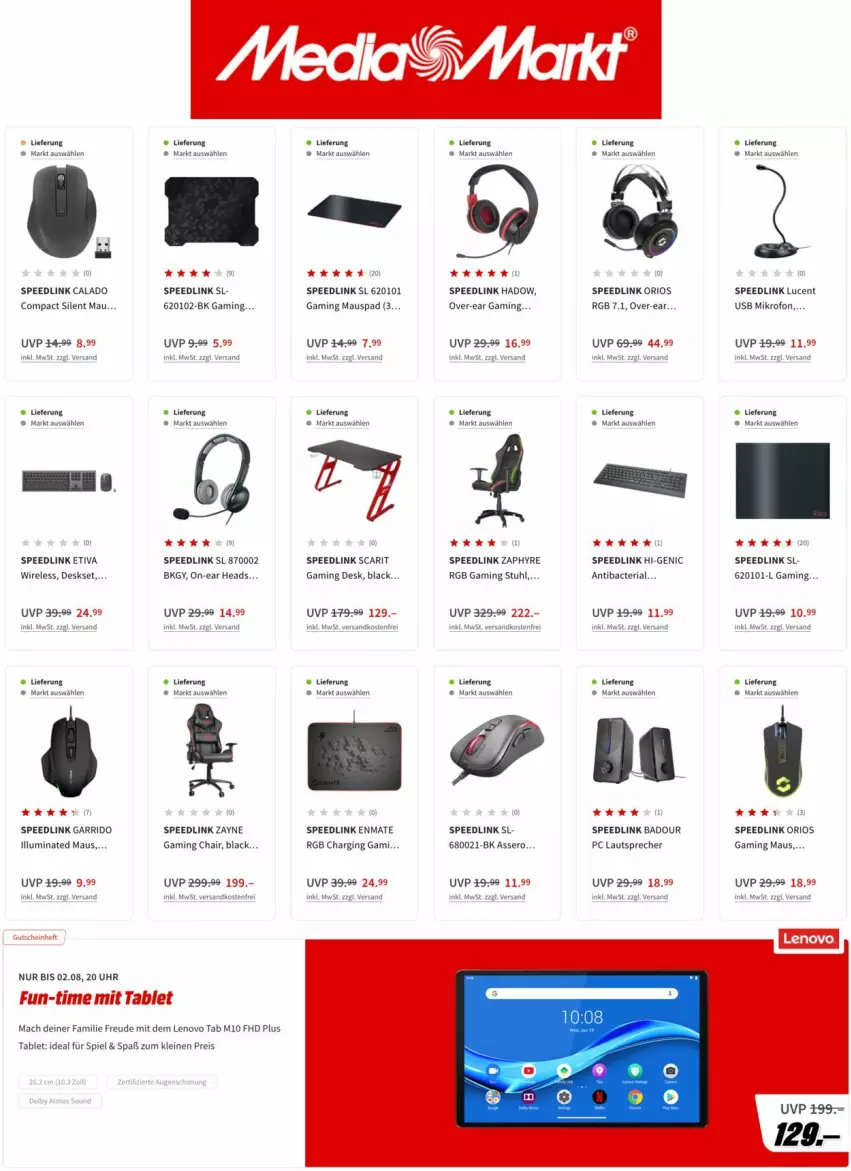 Aktueller Prospekt Media Markt - Prospekte - von 19.07 bis 03.08.2022 - strona 8 - produkty: Bad, eis, gaming maus, gin, lack, lautsprecher, leine, lenovo, mac, Maus, ndk, reis, rel, Ria, spee, stuhl, tablet, Ti, uhr, usb