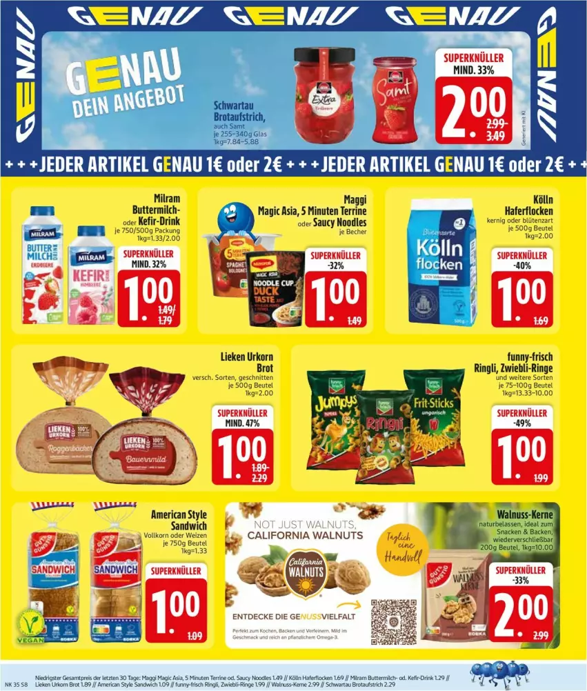 Aktueller Prospekt Edeka - Prospekte - von 24.08 bis 29.08.2026 - strona 10 - produkty: aufstrich, beutel, Blüte, brot, brotaufstrich, decke, drink, funny-frisch, hafer, haferflocken, Kefir, kölln, korn, lieken, maggi, milram, nuss, ring, sandwich, schnitten, Schwartau, terrine, urkorn, walnuss, ZTE