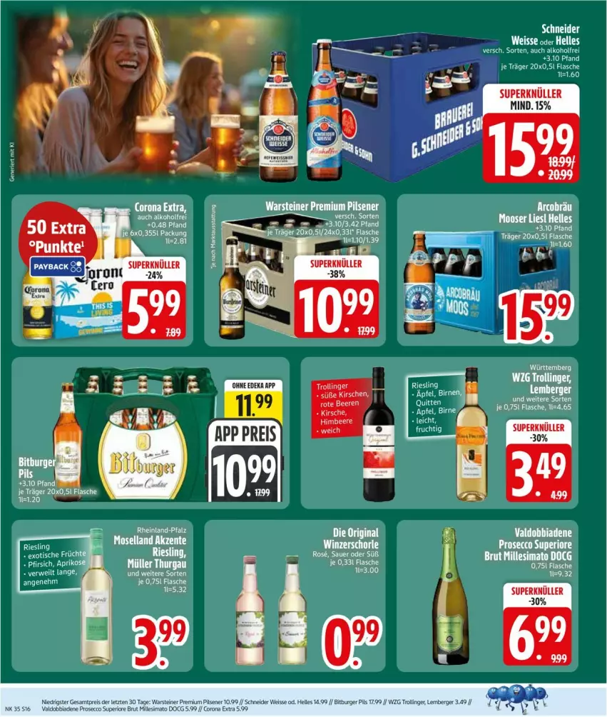 Aktueller Prospekt Edeka - Prospekte - von 24.08 bis 29.08.2026 - strona 18 - produkty: alkohol, Berger, Birnen, bitburger, bitburger pils, brut, burger, corona, corona extra, deka, ecco, eis, Elan, elle, flasche, Kette, pils, pilsener, premium pils, prosecco, reis, sim, steiner, Ti, valdo, warsteiner, ZTE
