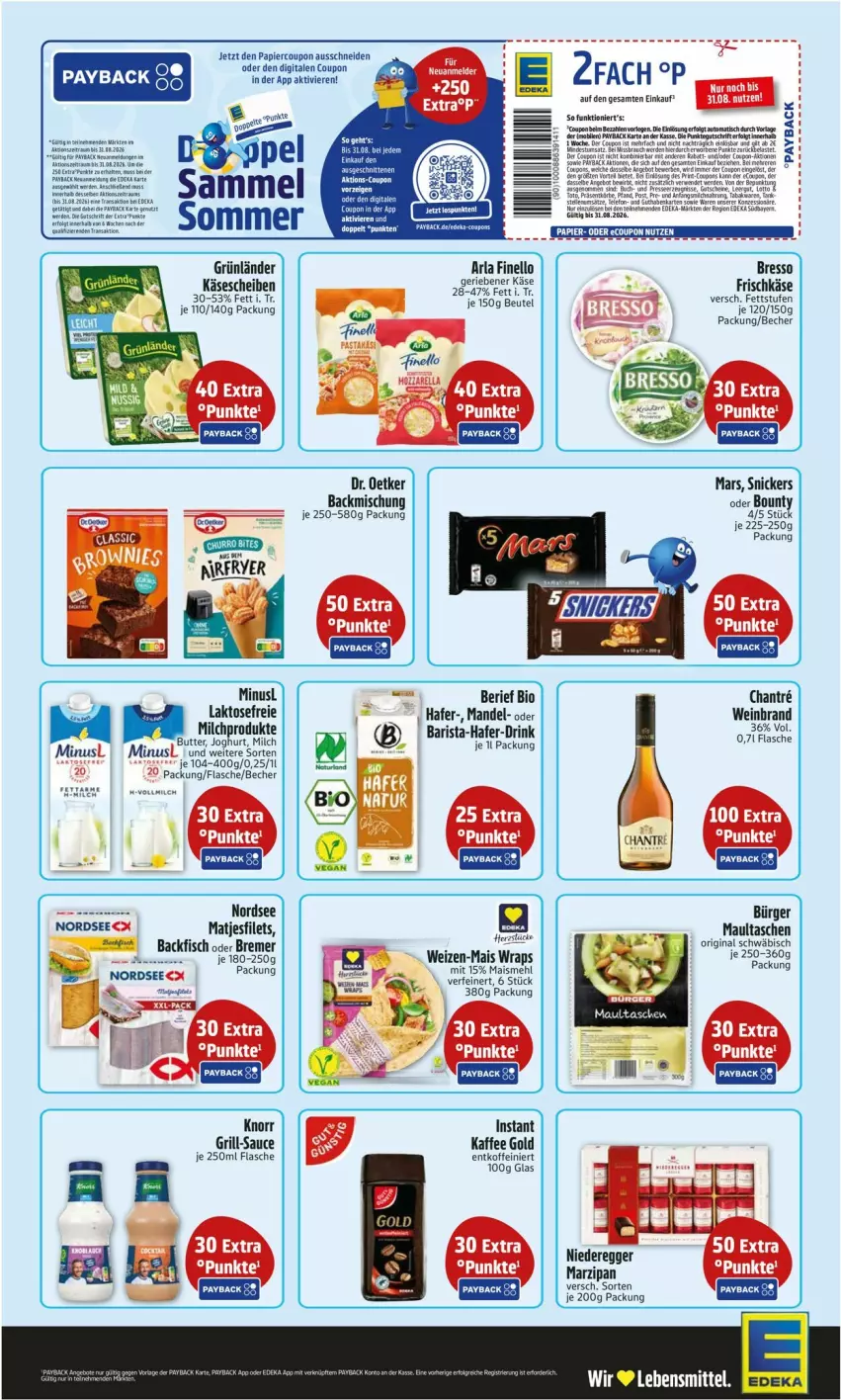 Aktueller Prospekt Edeka - Prospekte - von 24.08 bis 29.08.2026 - strona 2 - produkty: arla, backfisch, backmischung, Becher, bio, bresso, coupon, Dr. Oetker, drink, Egger, filet, filets, finello, fisch, flasche, frischkäse, grill, grünländer, hafer, HP, kaffee, Käse, käsescheiben, knorr, mais, mandel, marzipan, matjes, Matjesfilet, matjesfilets, maultaschen, mehl, Nordsee, papier, payback, sauce, Tasche, taschen, Ti, tisch, wein, weinbrand, wrap, wraps