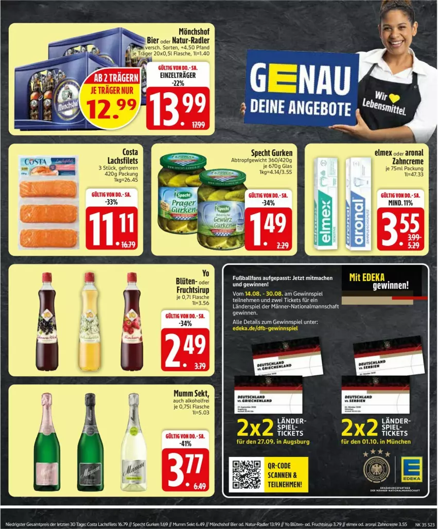 Aktueller Prospekt Edeka - Prospekte - von 24.08 bis 29.08.2026 - strona 27 - produkty: alkohol, ball, bier, Blüte, creme, deka, eis, elmex, ente, filet, filets, flasche, frucht, Fußball, gewinnspiel, gurke, gurken, lachs, lachsfilet, lachsfilets, mac, mönchshof, mumm, natur, radler, reis, sekt, sirup, specht, Ti, Yo, zahncreme, ZTE
