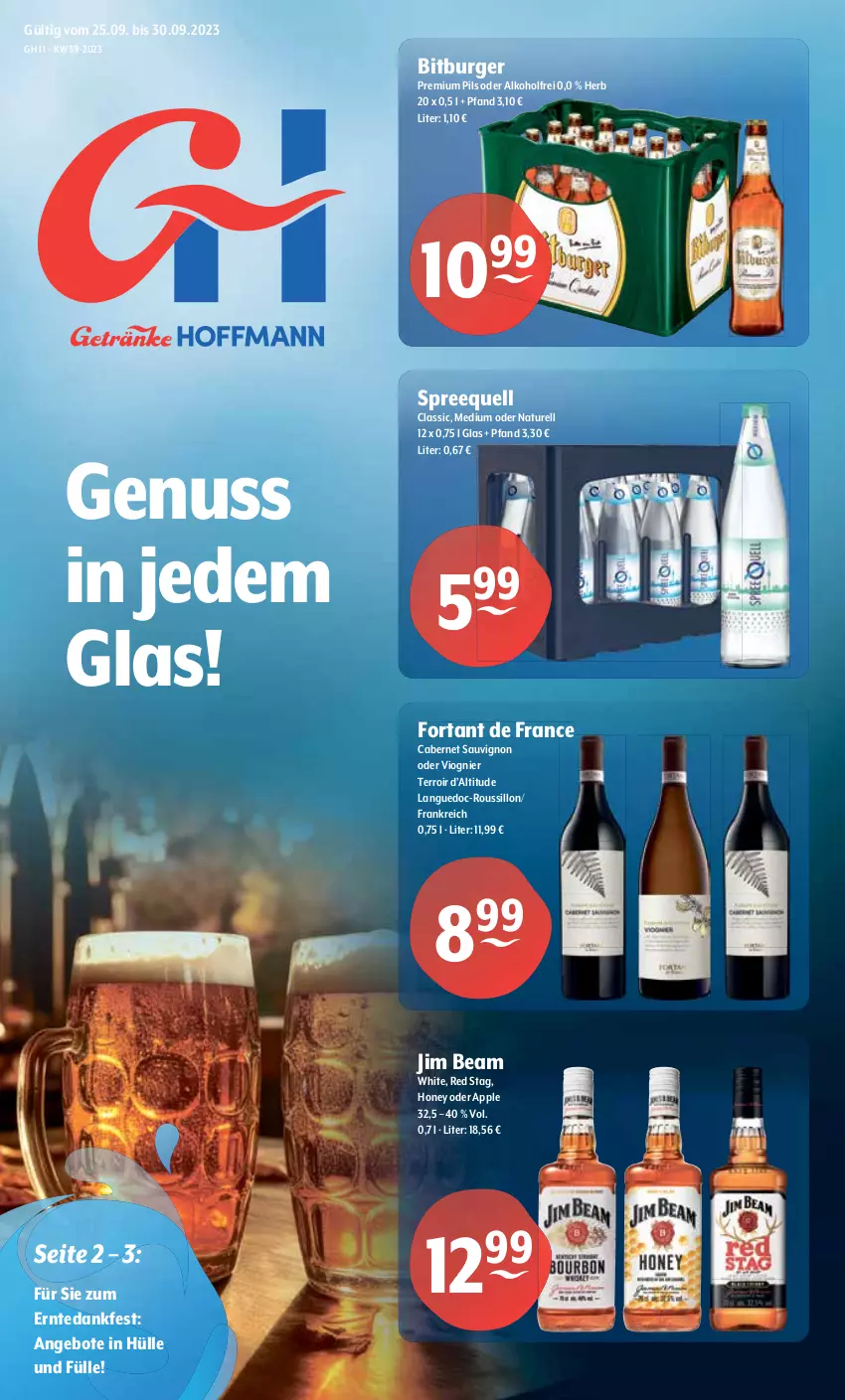 Aktueller Prospekt Getraenke Hoffmann - Prospekte - von 25.09 bis 30.09.2023 - strona 1 - produkty: alkohol, angebot, angebote, Apple, bitburger, burger, cabernet, cabernet sauvignon, jim beam, natur, nuss, pils, premium pils, rel, sauvignon, Spreequell, Ti