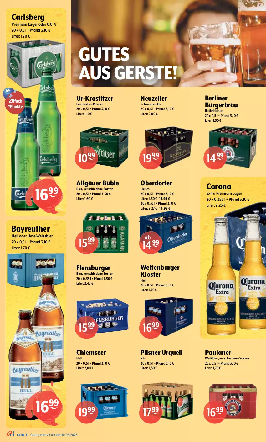 Aktueller Prospekt Getraenke Hoffmann - Prospekte - von 25.09 bis 30.09.2023 - strona 4 - produkty: alkohol, Berger, berliner, berliner kindl, bier, burger, carlsberg, corona, eis, elle, erdinger, flensburger, gin, gösser, Hefe, heineken, jever, LG, malz, natur, natur radler, Paula, paulaner, pils, pilsener, pilsner, pilsner urquell, premium pils, radler, Schultheiss, Sternburg, Ti, veltins, weissbier