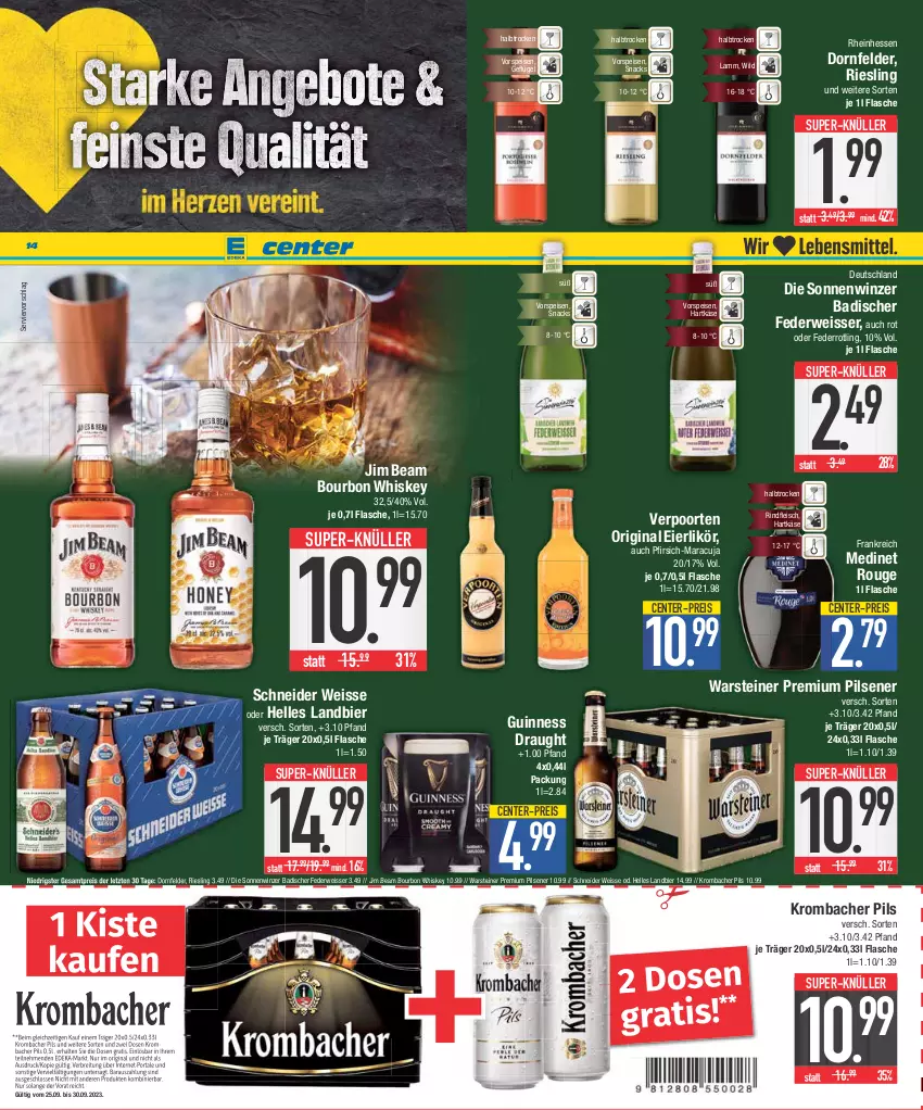 Aktueller Prospekt E Center - Angebote der Woche - von 18.09 bis 23.09.2023 - strona 14 - produkty: Bad, bier, bourbon, bourbon whiskey, dornfelder, eier, eierlikör, eis, elle, ente, flasche, fleisch, Geflügel, gin, Guinness, hartkäse, jim beam, Käse, krombache, krombacher, krombacher pils, lamm, likör, maracuja, medinet, pfirsich, pils, pilsener, premium pils, reis, riesling, rind, rindfleisch, rouge, rwe, snack, snacks, steiner, super-knüller, Ti, verpoorten, vorspeise, warsteiner, whiskey, Wild, ZTE