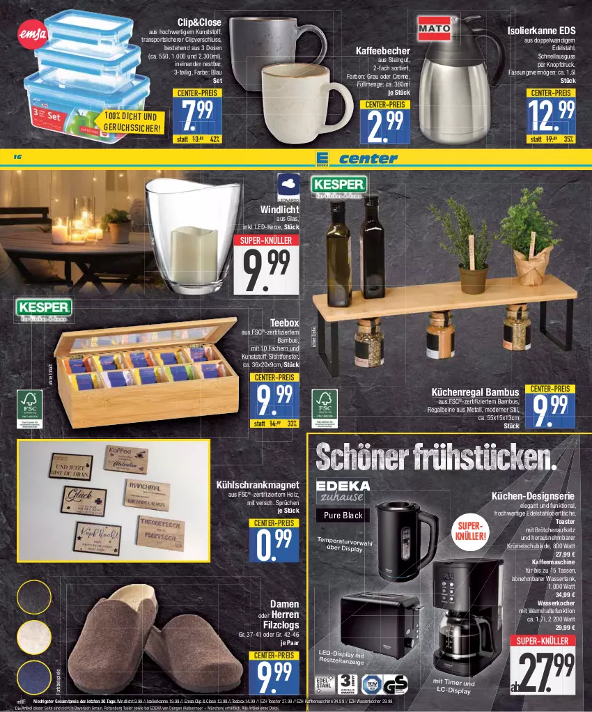 Aktueller Prospekt E Center - Angebote der Woche - von 18.09 bis 23.09.2023 - strona 16 - produkty: bambus, Becher, brötchen, brötchenaufsatz, Clogs, creme, deka, edelstahl, eis, emsa, ente, fenster, Holz, isolierkanne, kaffee, kaffeebecher, kaffeemaschine, kerze, Kocher, küche, Küchen, Küchenregal, kühlschrank, lack, LED-Kerze, Mode, regal, reis, Schrank, Spiele, Sport, super-knüller, tasse, tee, Ti, toast, toaster, wasser, wasserkocher, wassertank, windlicht, ZTE