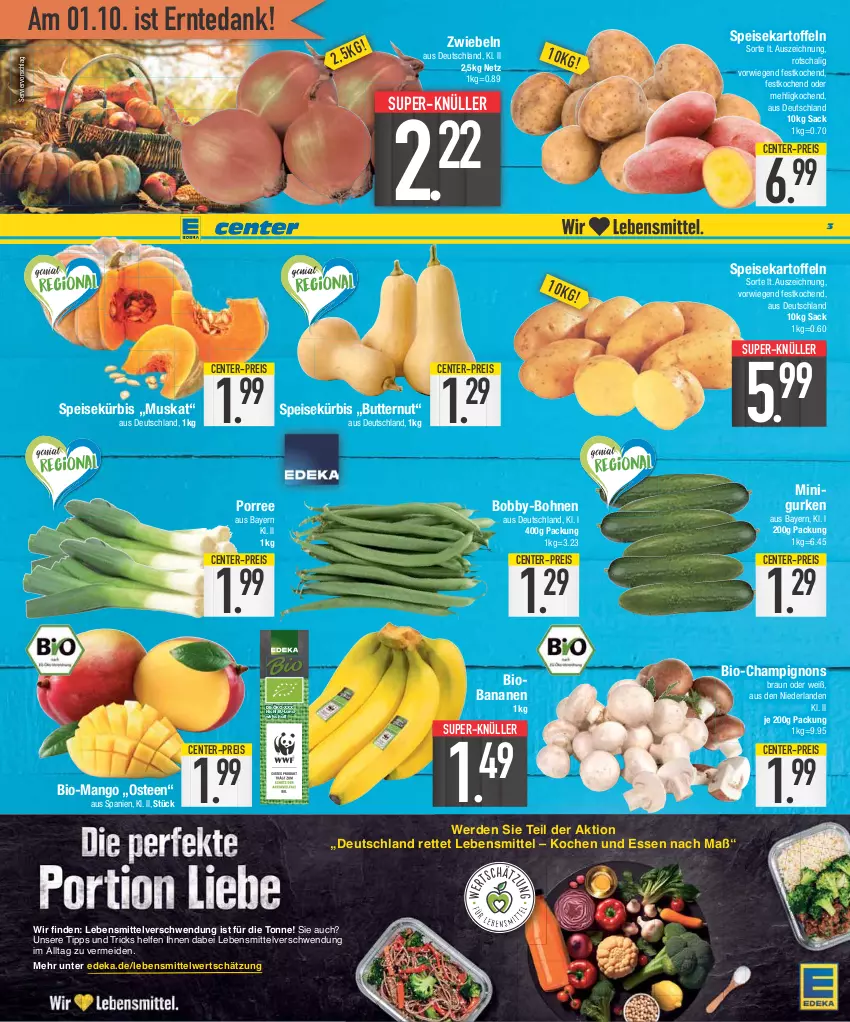 Aktueller Prospekt E Center - Angebote der Woche - von 18.09 bis 23.09.2023 - strona 3 - produkty: banane, bananen, bett, bio, bohne, bohnen, braun, butter, champignon, champignons, deka, drucker, eis, ente, erde, gin, gurke, gurken, HP, kartoffel, kartoffeln, Kürbis, lack, lebensmittel, mango, mehl, reis, Ria, rwe, sac, Schal, speisekartoffeln, super-knüller, tee, Ti, zwiebel, zwiebeln