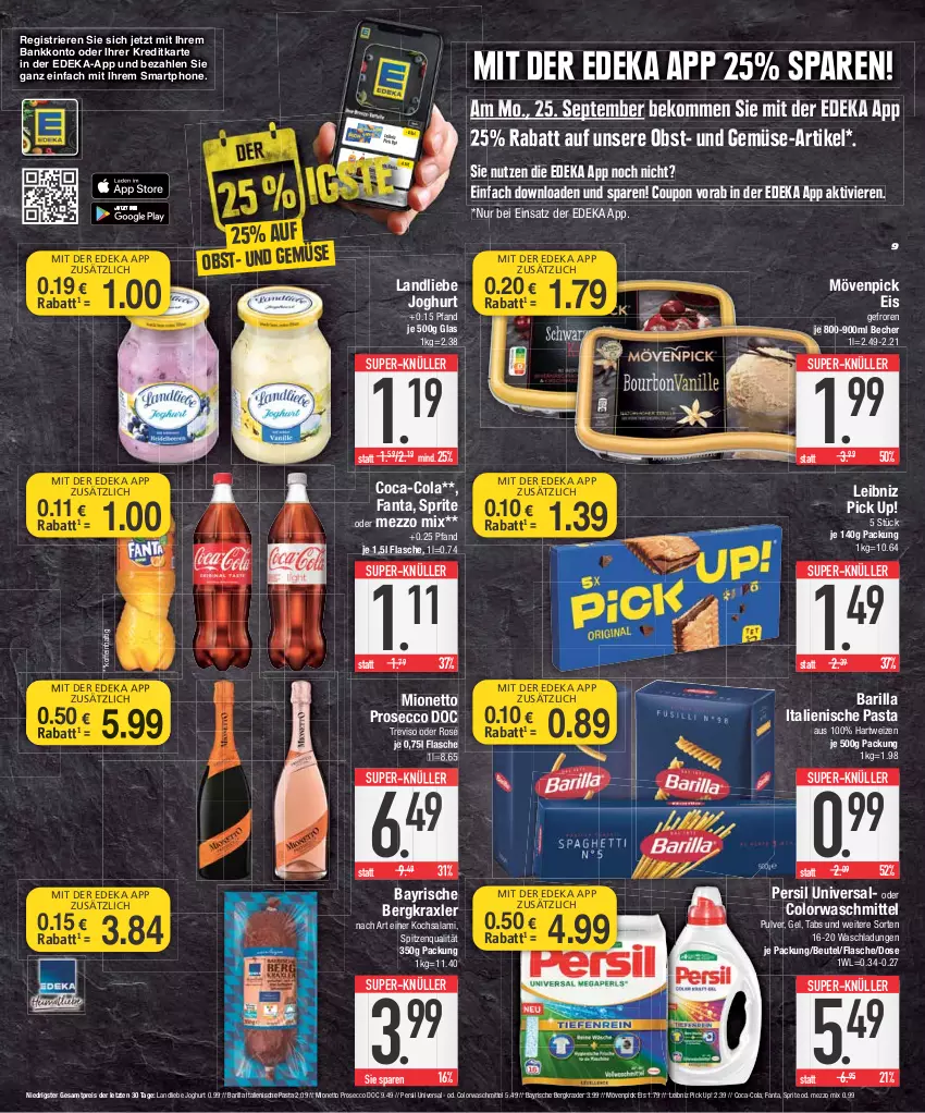 Aktueller Prospekt E Center - Angebote der Woche - von 18.09 bis 23.09.2023 - strona 9 - produkty: Bank, barilla, Becher, beko, beutel, coca-cola, cola, colorwaschmittel, coupon, deka, ecco, eis, fanta, flasche, hartweizen, italienische pasta, joghur, joghurt, landliebe, landliebe joghurt, leibniz, Mezzo Mix, mionetto, mövenpick, mövenpick eis, obst, pasta, persil, Pick Up!, prosecco, reis, salami, smartphone, spitzenqualität, sprite, super-knüller, Ti, und gemüse, waschmittel, ZTE