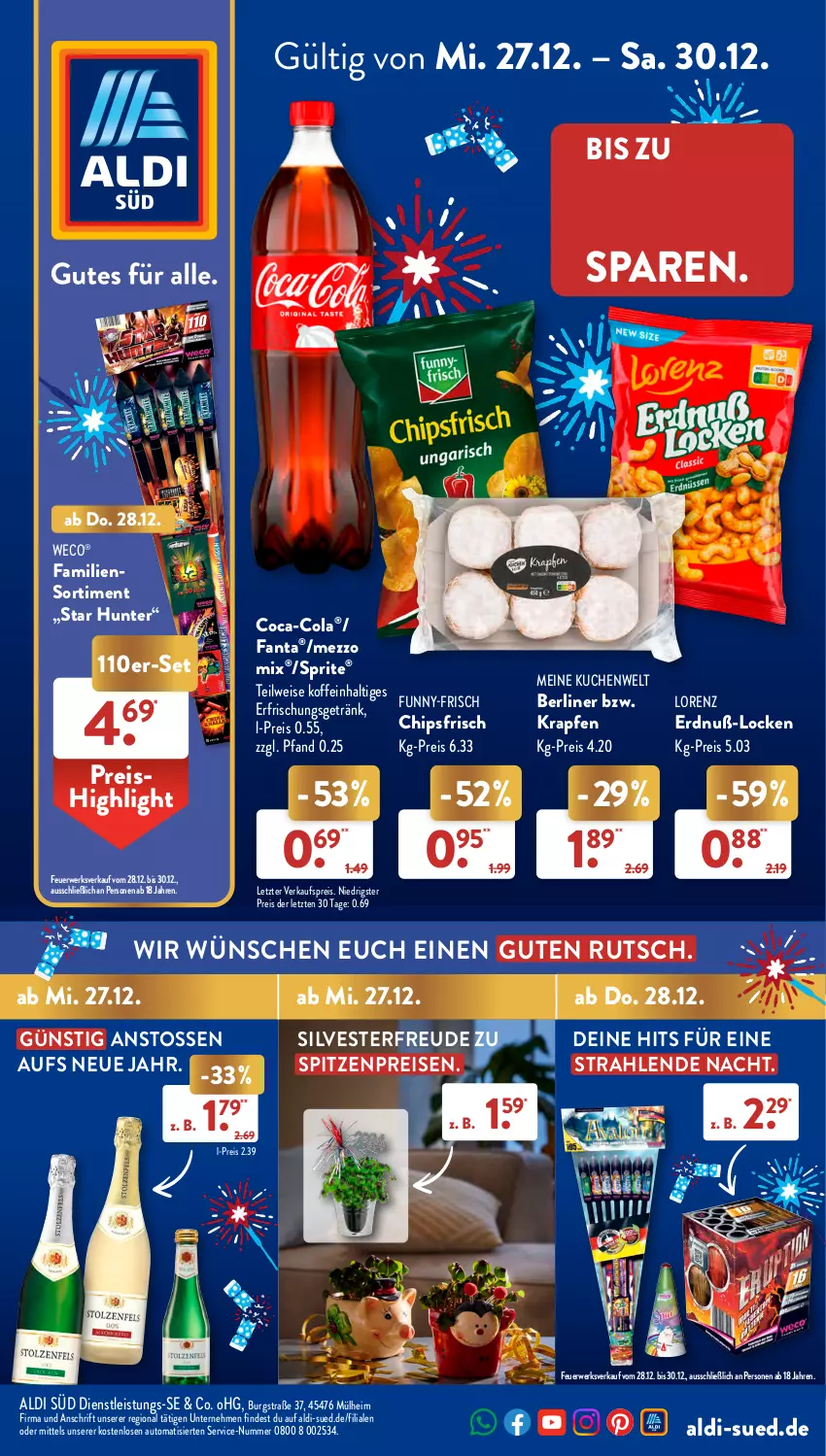 Aktueller Prospekt AldiSud - NÄCHSTE WOCHE - von 27.12 bis 30.12.2023 - strona 1 - produkty: aldi, auto, berliner, chips, chipsfrisch, coca-cola, cola, eis, erfrischungsgetränk, fanta, funny-frisch, getränk, kuchen, lorenz, Mezzo Mix, reis, rwe, sprite, Ti, ZTE