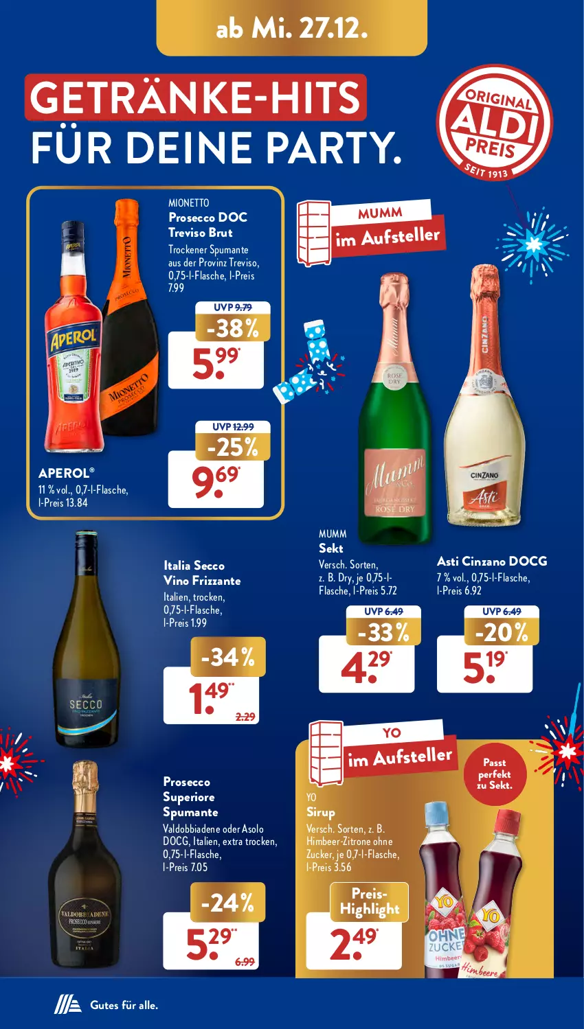 Aktueller Prospekt AldiSud - NÄCHSTE WOCHE - von 27.12 bis 30.12.2023 - strona 18 - produkty: aperol, asti, brut, cin, cinzano, ecco, eis, elle, flasche, frizzante, getränk, getränke, himbeer, mionetto, mumm, prosecco, puma, reis, sekt, sirup, spumante, teller, Ti, valdo, Yo, zitrone, zucker