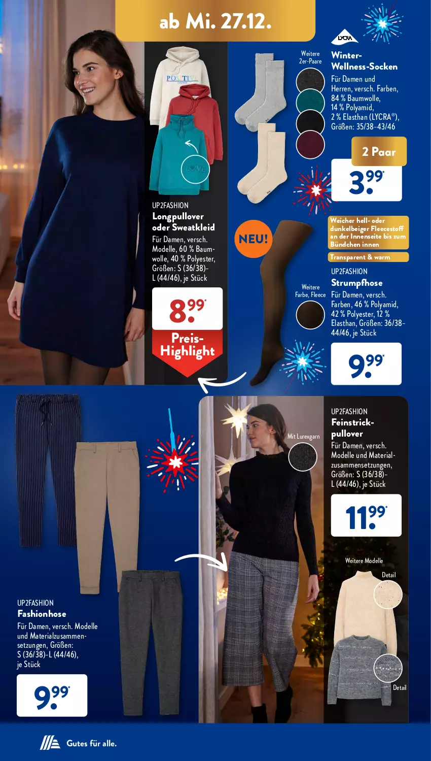 Aktueller Prospekt AldiSud - NÄCHSTE WOCHE - von 27.12 bis 30.12.2023 - strona 26 - produkty: Bau, baumwolle, dell, eis, elle, hose, kleid, Mode, Pullover, reis, Ria, rum, rwe, socken, Strickpullover, Strumpfhose, Sweatkleid, up2fashion, wolle