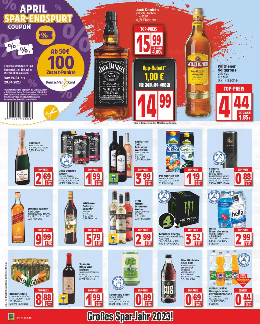 Aktueller Prospekt Edeka - Angebote der Woche - von 17.04 bis 22.04.2023 - strona 14 - produkty: Alwa, buch, cider, cola, deka, drink, eis, flasche, frucht, gallo, getränk, getränke, goldkrone, ice tea, jack daniel, jack daniel's, johnnie walker, kräuter, krone, kuemmerling, lack, limo, limonade, merl, Michel Schneider, mineralwasser, Mio Mio, monster, Monster Energy, orange, orangen, pfanne, Pfanner, reis, rioja, rotwein, scotch, scotch whisky, söhnlein, somersby, Spezi, Tchibo, Ti, walser, wasser, wein, weine, Weißwein, whisky, wilthener, zitrone, zitronen, ZTE