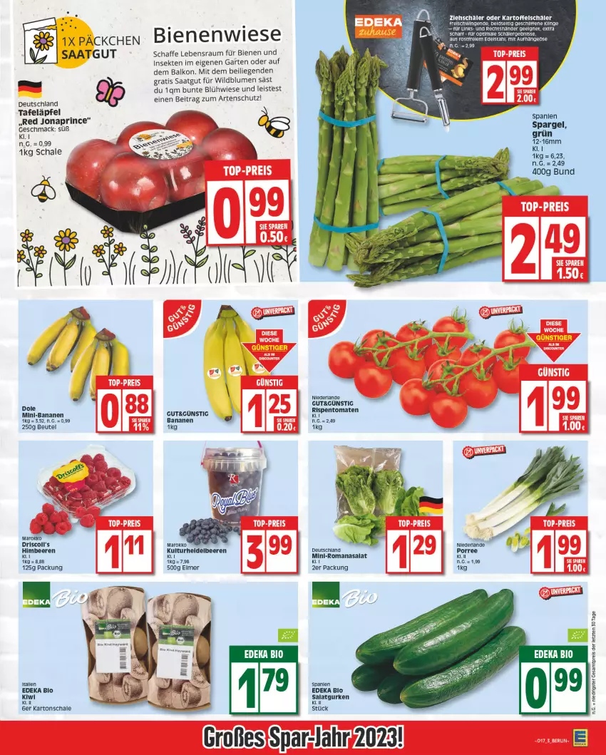 Aktueller Prospekt Edeka - Angebote der Woche - von 17.04 bis 22.04.2023 - strona 3 - produkty: banane, bananen, beere, beeren, beutel, bio, blume, blumen, deka, edeka bio, edelstahl, eimer, eis, Garten, gurke, gurken, himbeer, himbeere, himbeeren, kartoffel, kiwi, LG, Liege, mac, reis, rel, rispentomaten, Romanasalat, salat, Salatgurke, salatgurken, Schal, Schale, sekt, spargel, tafeläpfel, Ti, tomate, tomaten, Wild, ZTE