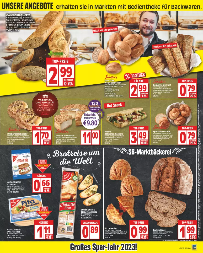 Aktueller Prospekt Edeka - Angebote der Woche - von 17.04 bis 22.04.2023 - strona 5 - produkty: angebot, angebotspreis, backwaren, baguette, ball, beutel, brot, brötchen, ciabatta, cola, creme, deutschlandcard, discount, eis, erde, grana, grana padano, grill, hähnchenbrust, Hefe, kartoffel, Käse, LG, mit röstzwiebeln, padano, pizza, pudding, Rana, reis, rel, rhabarber, röstzwiebeln, rucola, rum, rwe, saft, Tasche, taschen, tee, Ti, torte, tuc, Tüte, weizenbrötchen, zwiebel, zwiebeln