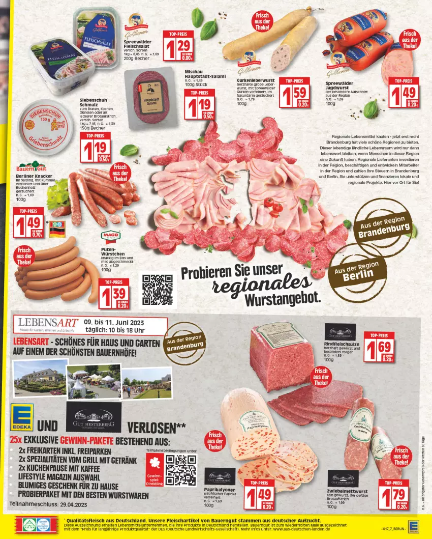 Aktueller Prospekt Edeka - Angebote der Woche - von 17.04 bis 22.04.2023 - strona 7 - produkty: auer, aufschnitt, aufstrich, Bau, Bauer, bauerngut, Becher, berliner, bier, braten, brot, brotaufstrich, buch, eis, elle, fleisch, fleischsalat, Garten, getränk, gewürz, grill, gurke, gurken, jagdwurst, kaffee, knacker, kuchen, lebensmittel, leberwurst, LG, lyoner, magazin, malz, natur, paprika, reis, rind, rindfleisch, salami, salat, Schmalz, Spezi, spreewälder, Stier, Ti, Tiere, uhr, WICK, wurst, würstchen, Yo, ZTE