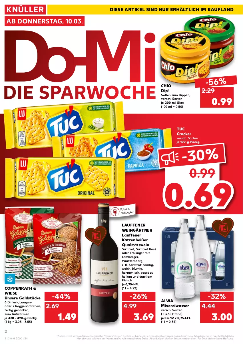 Aktueller Prospekt Kaufland - Spezielle Angebote - von 10.03 bis 16.03.2022 - strona 2 - produkty: Alwa, angebot, Berger, brötchen, coppenrath, cracker, dip, eis, elle, fleisch, geback, Goldstücke, mineralwasser, qualitätswein, roggenbrötchen, rotwein, Soße, Ti, trolli, trollinger, tuc, wasser, wein, ZTE