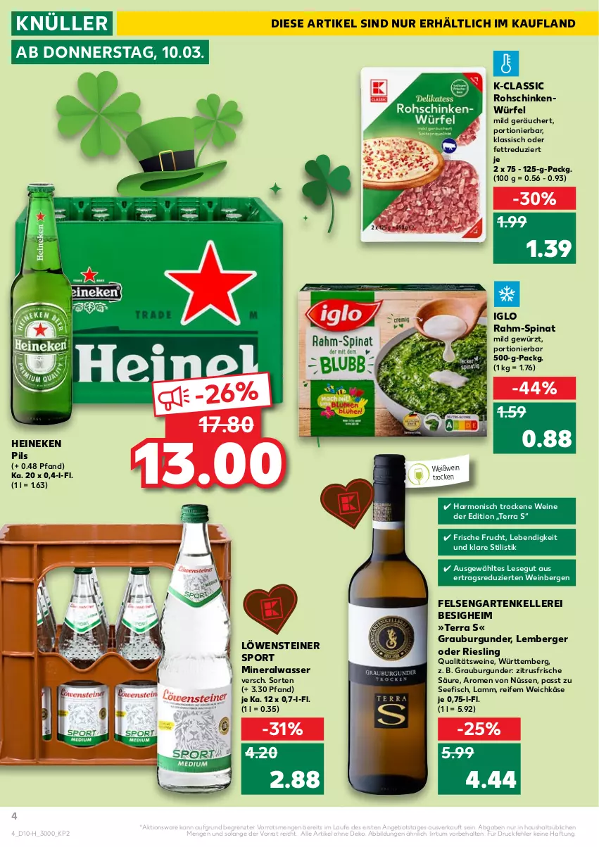 Aktueller Prospekt Kaufland - Spezielle Angebote - von 10.03 bis 16.03.2022 - strona 4 - produkty: Alwa, angebot, Berger, burgunder, elle, fisch, frucht, Garten, gewürz, grauburgunder, heineken, iglo, Käse, lamm, mineralwasser, pils, qualitätswein, qualitätsweine, rahm-spinat, riesling, rohschinken, schinken, spinat, Sport, steiner, Ti, wasser, weichkäse, wein, weine, Weißwein, würfel, ZTE