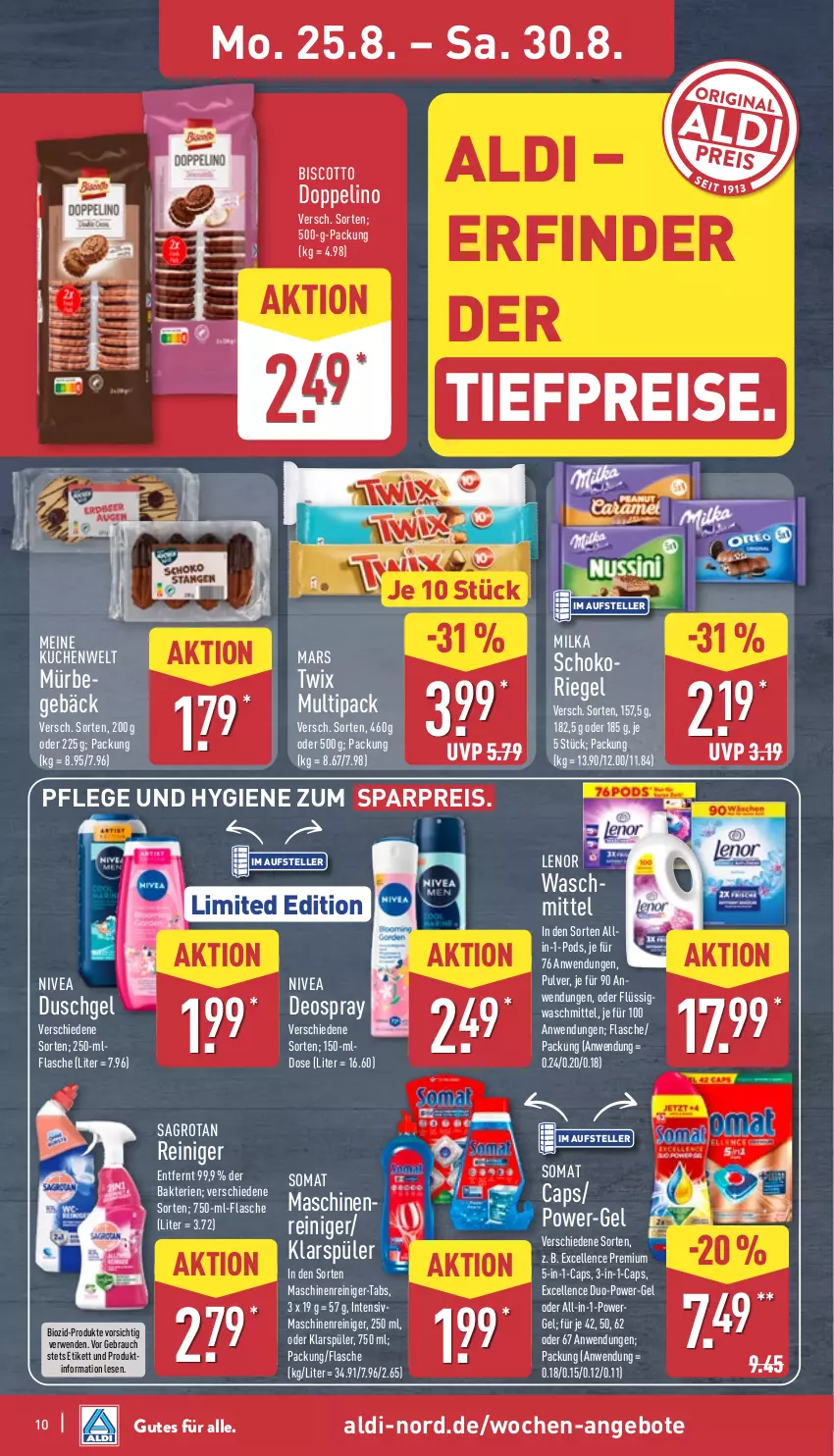Aktueller Prospekt Aldi Nord - Von Montag - von 25.08 bis 30.08.2025 - strona 10 - produkty: aldi, angebot, angebote, bio, biscotto, Cap, deo, deospray, duschgel, eis, elle, flasche, klarspüler, kuchen, lenor, mars, maschinenreiniger, milka, nivea, Pods, power-gel, Rauch, reiniger, reis, riegel, rwe, sagrotan, schoko, somat, teller, Ti, tiefpreis, twix, waschmittel