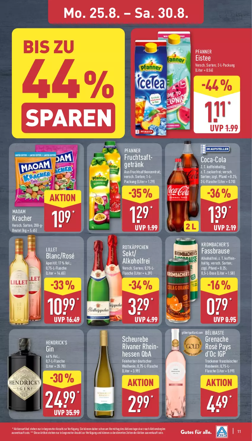 Aktueller Prospekt Aldi Nord - Von Montag - von 25.08 bis 30.08.2025 - strona 11 - produkty: alkohol, aperitif, beutel, brause, coca-cola, cola, eis, eistee, elle, fassbrause, flasche, frucht, fruchtsaft, getränk, gin, Heu, kracher, krombache, krombacher, lillet, maoam, pfanne, Pfanner, Rivaner, roséwein, rotkäppchen, saft, sekt, tee, teller, Ti, wein, Weißwein, ZTE, zucker