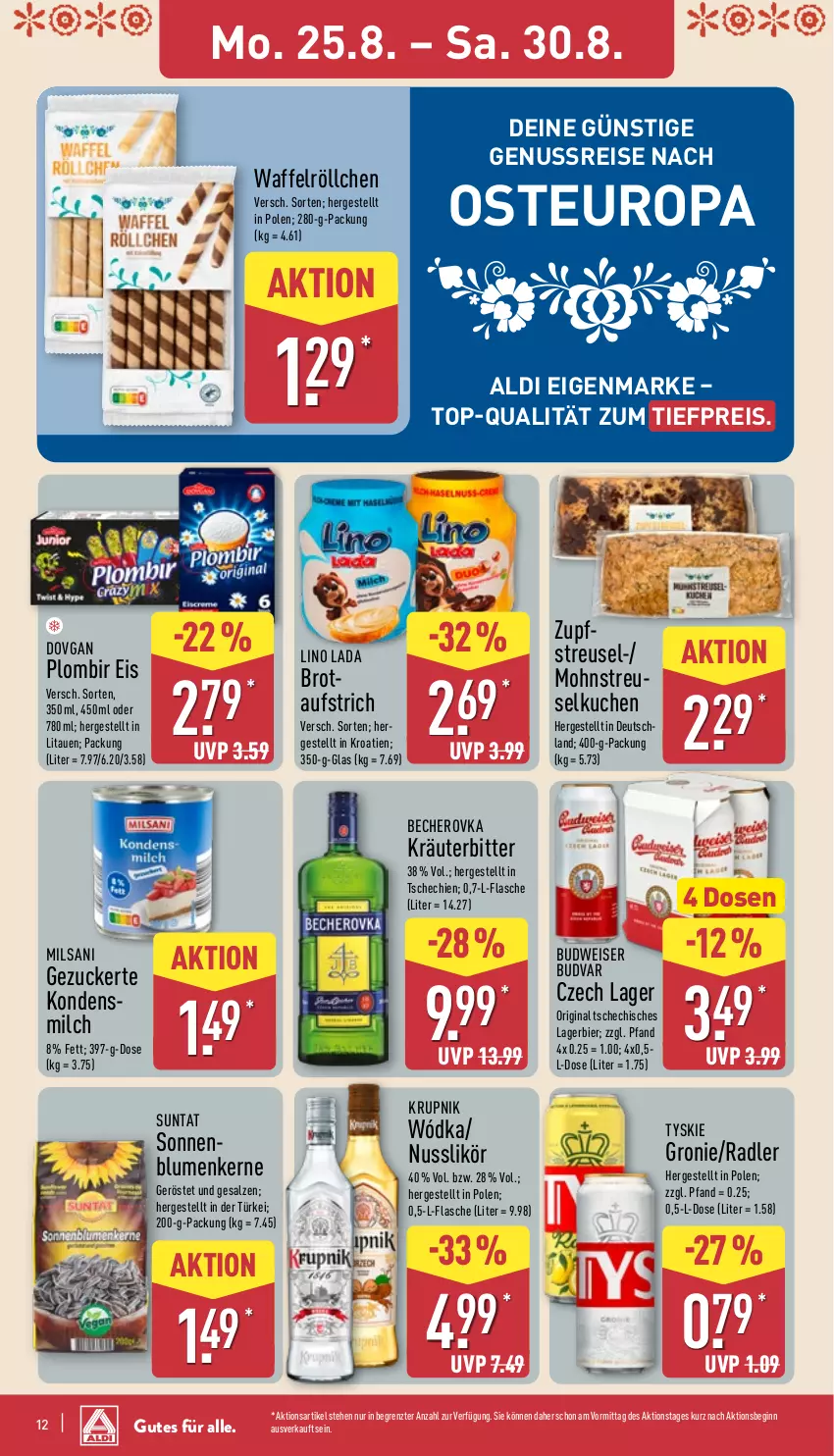 Aktueller Prospekt Aldi Nord - Von Montag - von 25.08 bis 30.08.2025 - strona 12 - produkty: aldi, aufstrich, Becher, Becherovka, bier, blume, blumen, brot, budweiser, dovgan, eis, flasche, gin, hero, kondensmilch, kräuter, kuchen, Lagerbier, likör, milch, nuss, radler, reis, salz, Streuselkuchen, Ti, tiefpreis, tyskie, Waffelröllchen, ZTE, zucker