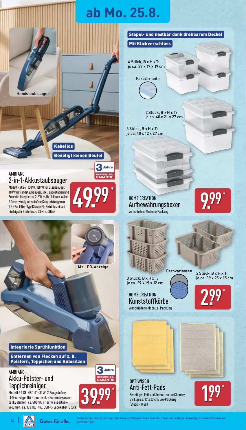 Aktueller Prospekt Aldi Nord - Von Montag - von 25.08 bis 30.08.2025 - strona 14 - produkty: akku, ambia, Anti-Fett-Pad, aufbewahrungsbox, auto, beutel, bürste, bürsten, decke, Deckel, deka, dell, eis, elle, gin, handstaubsauger, ladekabel, Mode, Optiwisch, reiniger, Ria, staubsauger, teppich, teppiche, Ti, usb, wasser, ZTE