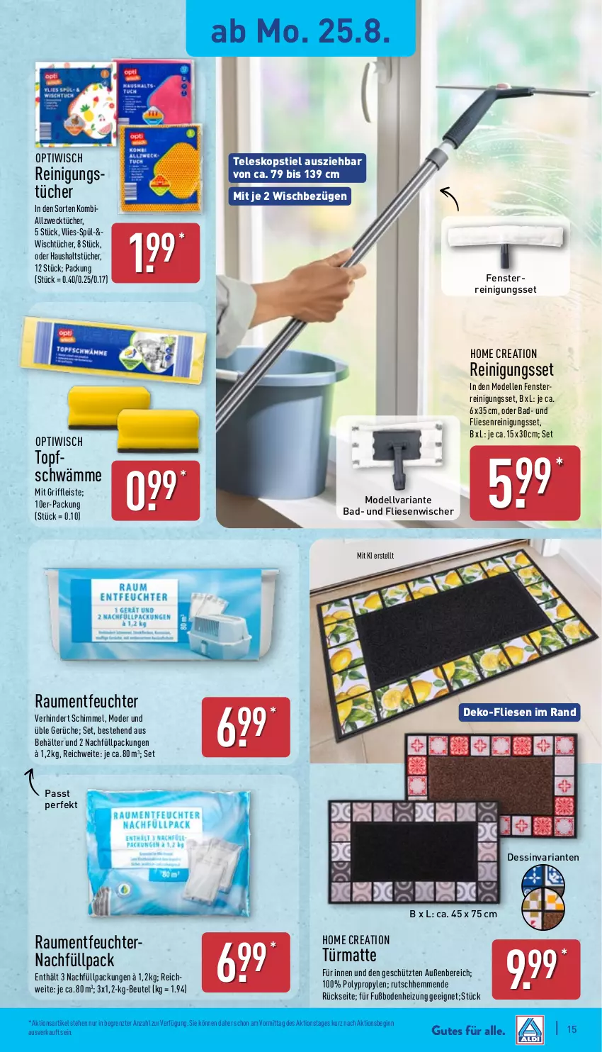 Aktueller Prospekt Aldi Nord - Von Montag - von 25.08 bis 30.08.2025 - strona 15 - produkty: Allzwecktücher, Bad, Behälter, beutel, dell, eis, elle, fenster, gin, haushaltstücher, Mode, Optiwisch, Reinigung, reinigungstücher, Ria, Teleskop, teleskopstiel, Ti, topf, tücher, weck, ZTE