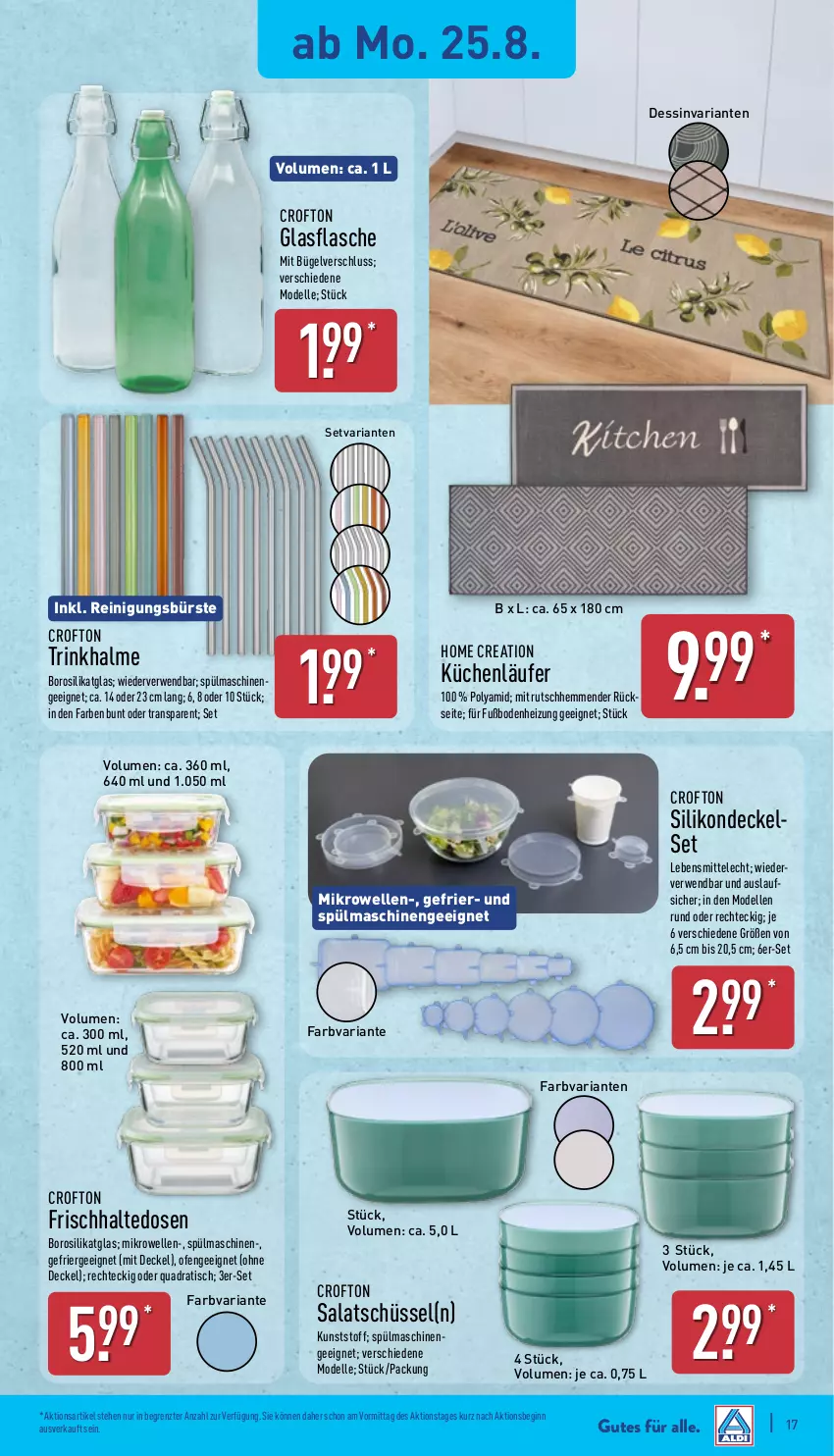 Aktueller Prospekt Aldi Nord - Von Montag - von 25.08 bis 30.08.2025 - strona 17 - produkty: bügel, bürste, Crofton, decke, Deckel, dell, elle, Ergee, flasche, frischhaltedosen, gin, glasflasche, küche, Küchen, Läufer, lebensmittel, mikrowelle, Mode, Ofen, quad, Reinigung, reinigungsbürste, Ria, rwe, salat, schüssel, spülmaschinen, Ti, tisch, Trinkhalme, ZTE