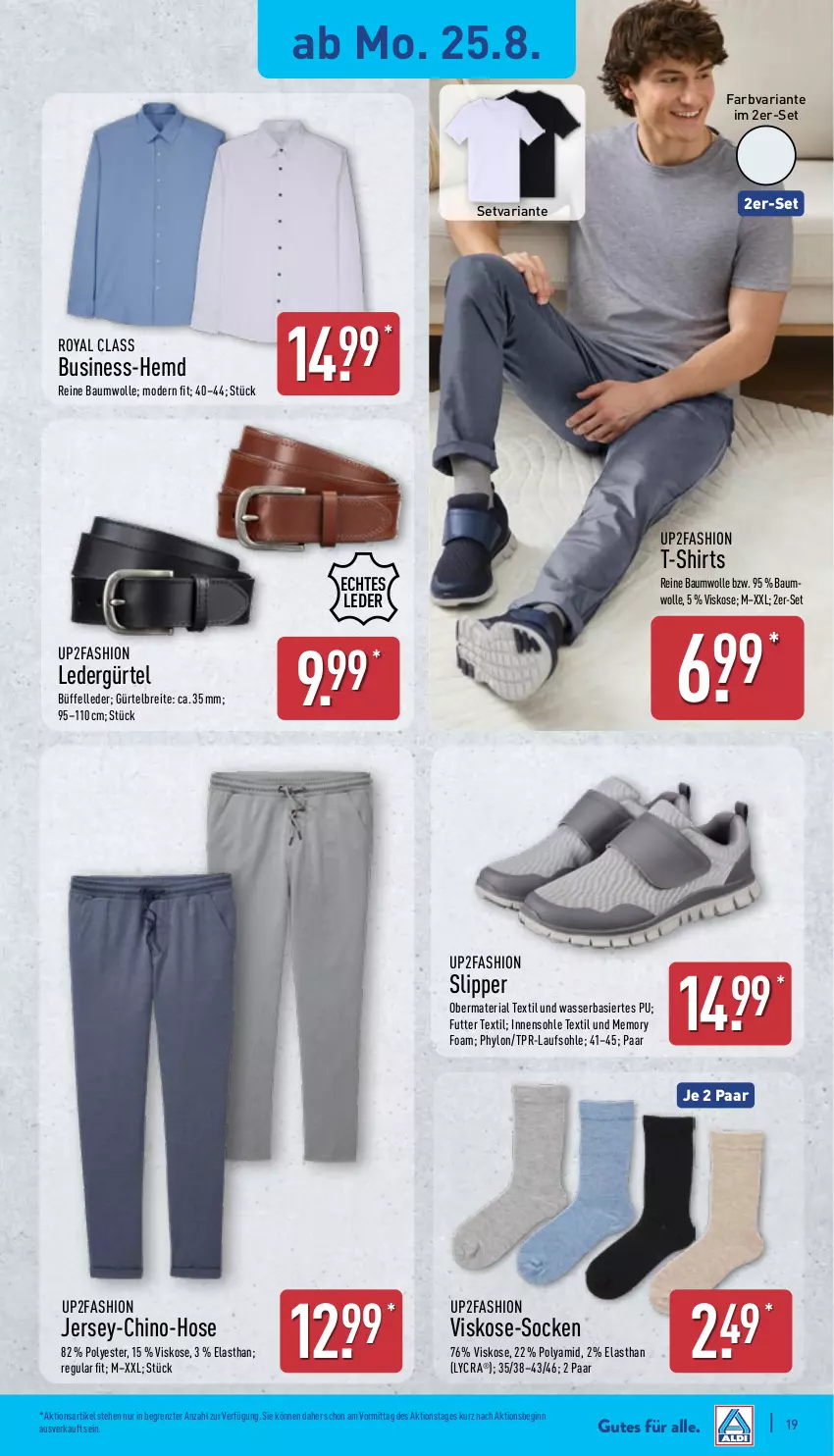 Aktueller Prospekt Aldi Nord - Von Montag - von 25.08 bis 30.08.2025 - strona 19 - produkty: Bau, baumwolle, Brei, elle, gin, hemd, hose, Hylo, Mode, reine baumwolle, Ria, shirt, shirts, slip, Slipper, socken, T-Shirt, Ti, up2fashion, wasser, wolle, ZTE