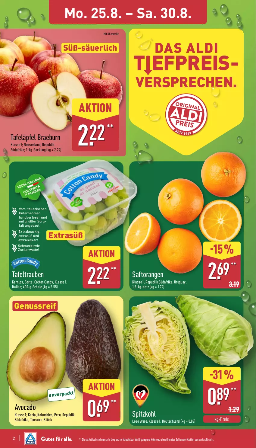 Aktueller Prospekt Aldi Nord - Von Montag - von 25.08 bis 30.08.2025 - strona 2 - produkty: aldi, avocado, Bau, eis, Elan, nuss, orange, orangen, reis, saft, Saftorangen, Schal, Schale, spitzkohl, tafeläpfel, Ti, trauben, ZTE, zucker