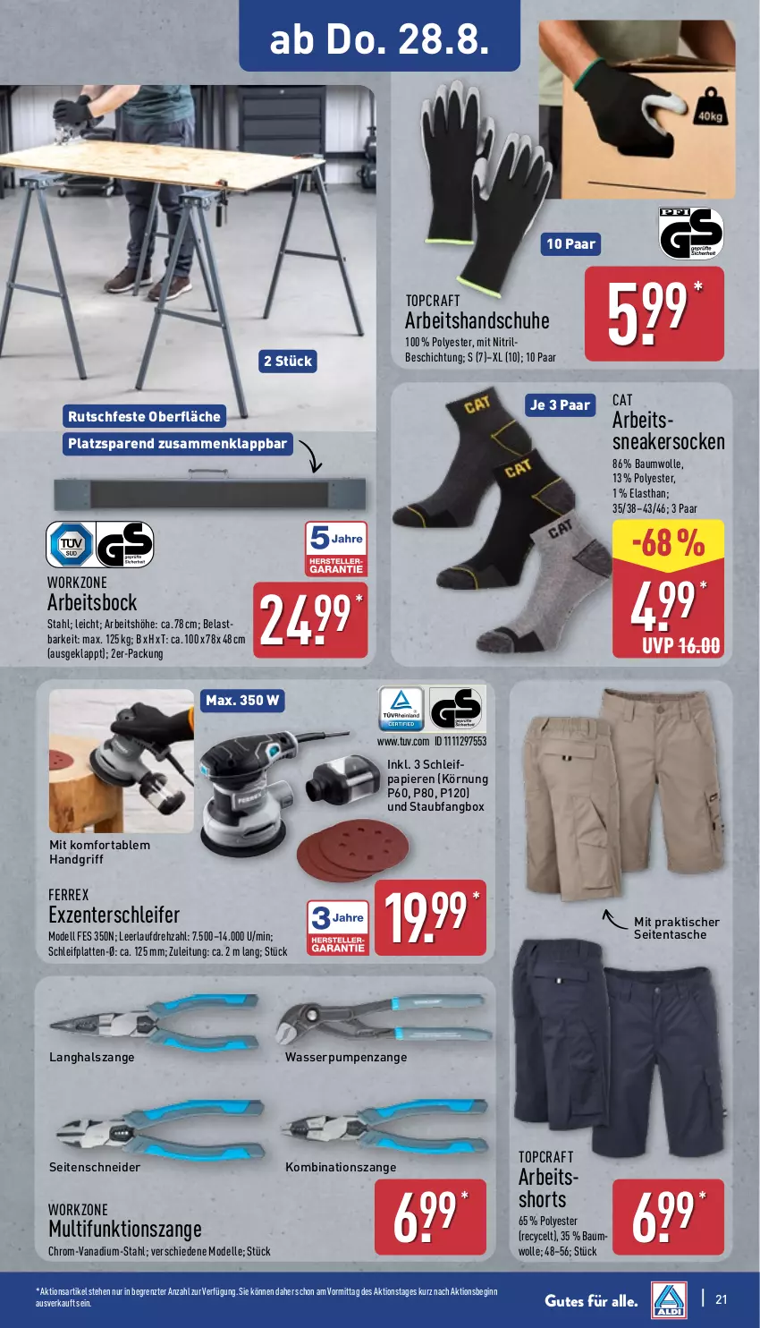 Aktueller Prospekt Aldi Nord - Von Montag - von 25.08 bis 30.08.2025 - strona 21 - produkty: Bau, baumwolle, dell, elle, ente, ferrex, gin, handschuhe, latte, Mode, papier, schuhe, Seitenschneide, shorts, sneaker, socken, Tasche, Ti, tisch, wasser, Wasserpumpenzange, wolle, ZTE
