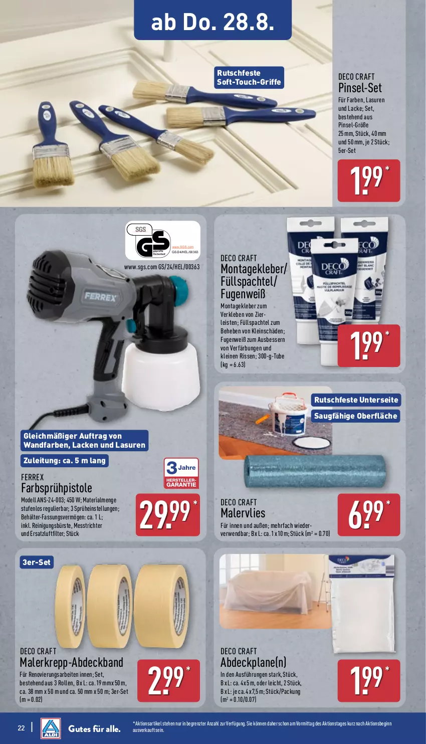 Aktueller Prospekt Aldi Nord - Von Montag - von 25.08 bis 30.08.2025 - strona 22 - produkty: abdeckplane, Behälter, bürste, dell, eis, ferrex, gin, HP, kleber, lack, Lacke, leine, Malerkrepp, Mode, Pinsel, Reinigung, Ria, rwe, spachtel, Sprühpistole, Ti, usb, ZTE