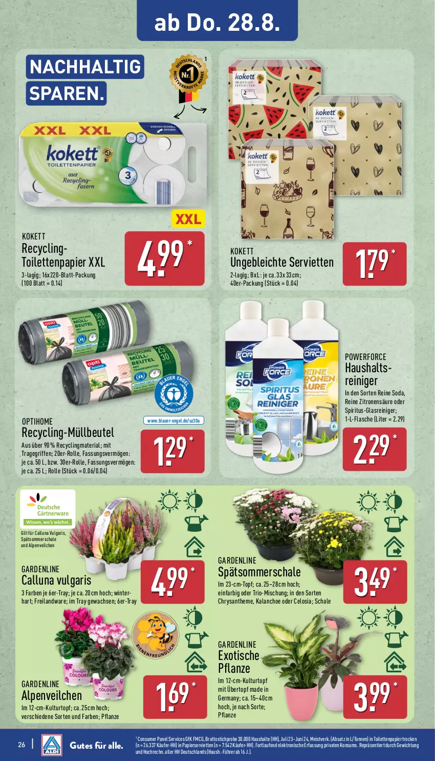Aktueller Prospekt Aldi Nord - Von Montag - von 25.08 bis 30.08.2025 - strona 26 - produkty: Alpenveilchen, auer, beutel, Blüte, Brei, brut, Clin, eis, Elektro, Engel, flasche, Germ, Glasreiniger, HP, Kalanchoe, kulturtopf, Laufen, LG, müllbeutel, papier, pflanze, recyclingmaterial, reiniger, Ria, rind, Schal, Schale, Serviette, servietten, Soda, spiritus, Ti, tisch, toilettenpapier, topf, tragegriff, übertopf, zitrone, zitronen