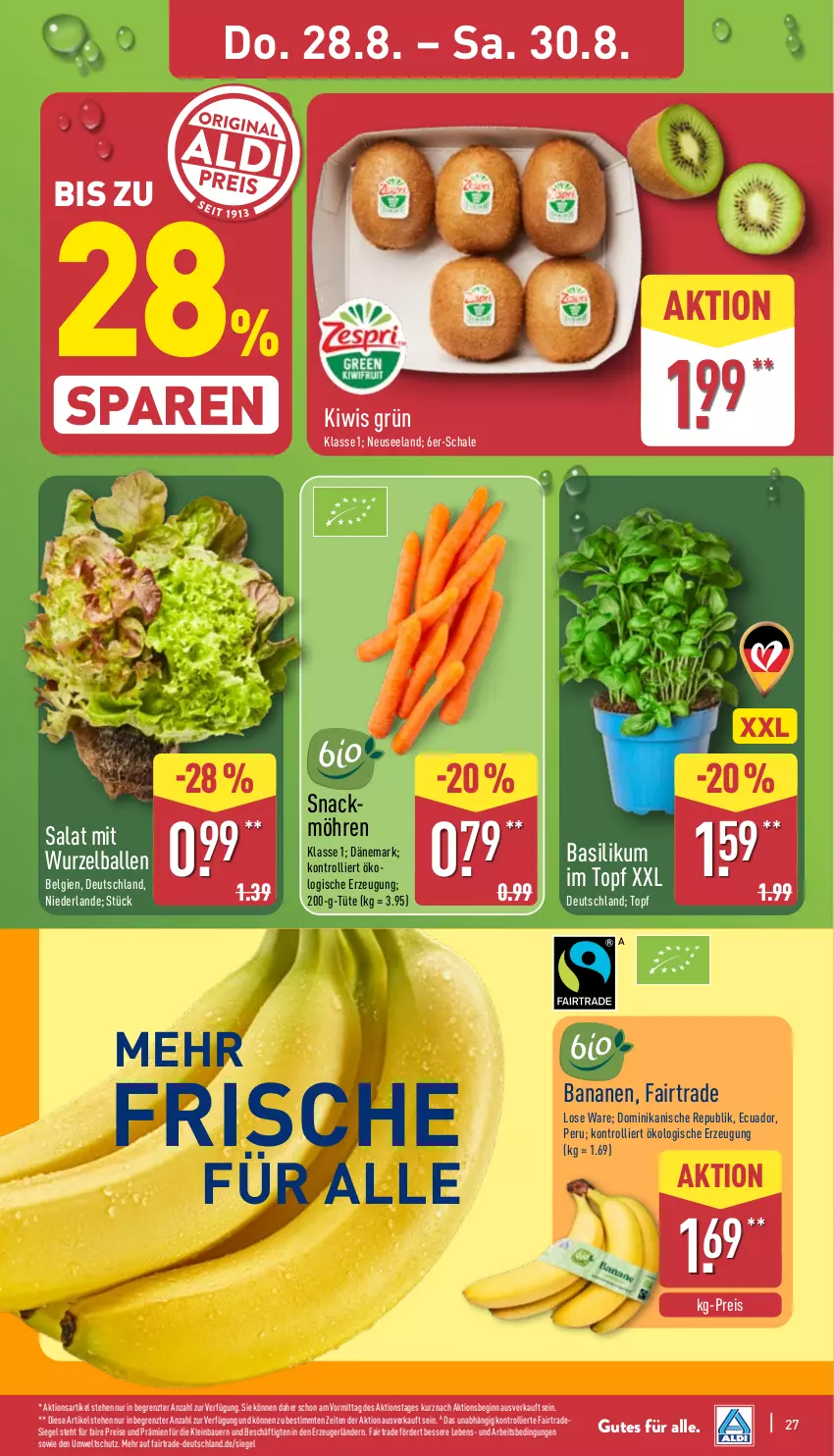 Aktueller Prospekt Aldi Nord - Von Montag - von 25.08 bis 30.08.2025 - strona 27 - produkty: auer, ball, banane, bananen, basilikum, Bau, Bauer, eis, Elan, gin, kiwi, LG, möhren, reis, salat, Schal, Schale, snack, Ti, topf, trolli, Tüte, ZTE