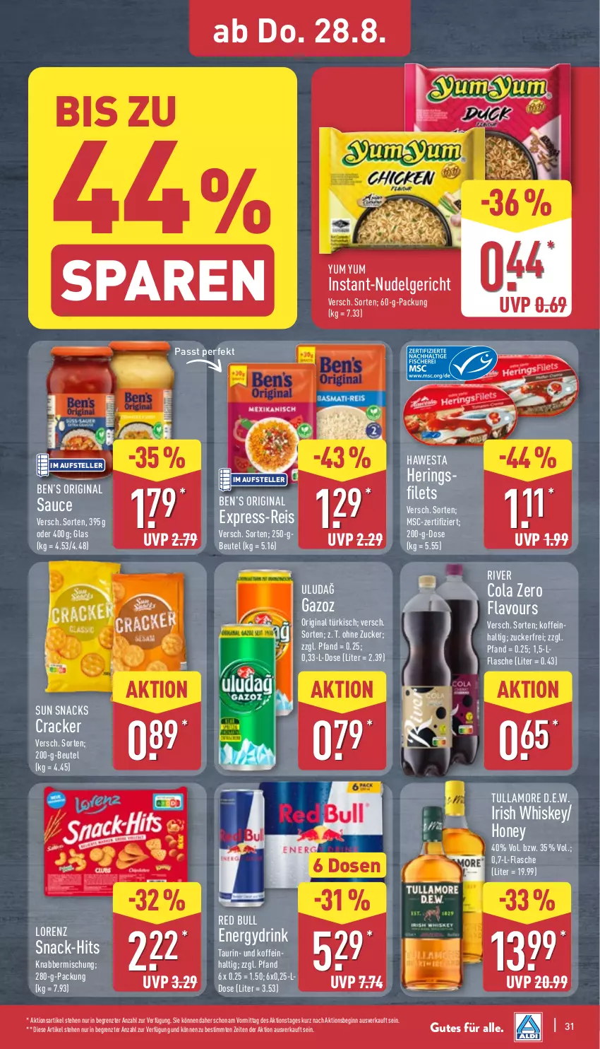 Aktueller Prospekt Aldi Nord - Von Montag - von 25.08 bis 30.08.2025 - strona 31 - produkty: Ben’s Original, beutel, cola, cracker, drink, eis, elle, express-reis, filet, filets, flasche, gin, hawesta, hering, Herings, heringsfilets, irish whiskey, LG, lorenz, nudel, Nudelgericht, red bull, reis, ring, sauce, snack, snacks, Sun Snacks, teller, Ti, tullamore, whiskey, Yum Yum, ZTE, zucker