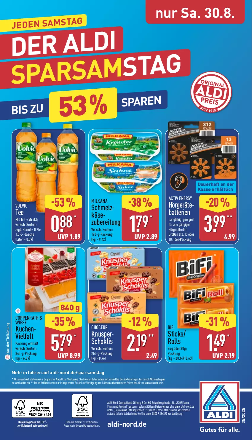 Aktueller Prospekt Aldi Nord - Von Montag - von 25.08 bis 30.08.2025 - strona 36 - produkty: aldi, auer, aus der tiefkühlung, auto, batterie, batterien, bifi, coppenrath, flasche, gin, Käse, kuchen, magazin, milka, milkana, papier, tee, telefon, Ti, volvic, ZTE