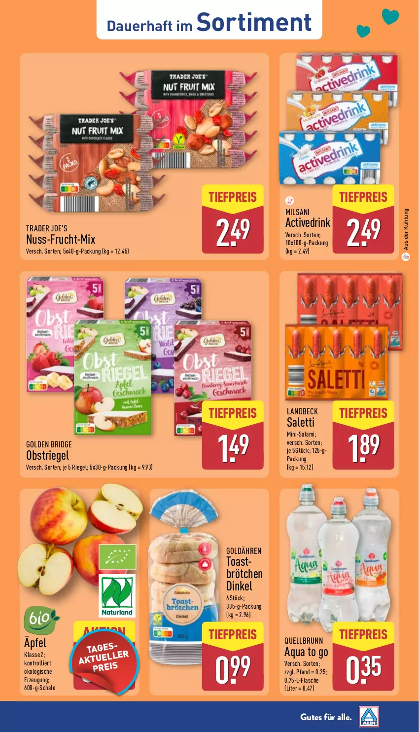 Aktueller Prospekt Aldi Nord - Von Montag - von 25.08 bis 30.08.2025 - strona 39 - produkty: aqua, auer, brötchen, drink, eis, flasche, frucht, Mini-Salami, nuss, obst, Quellbrunn, reis, riegel, salami, Schal, Schale, Ti, tiefpreis, toast, trolli