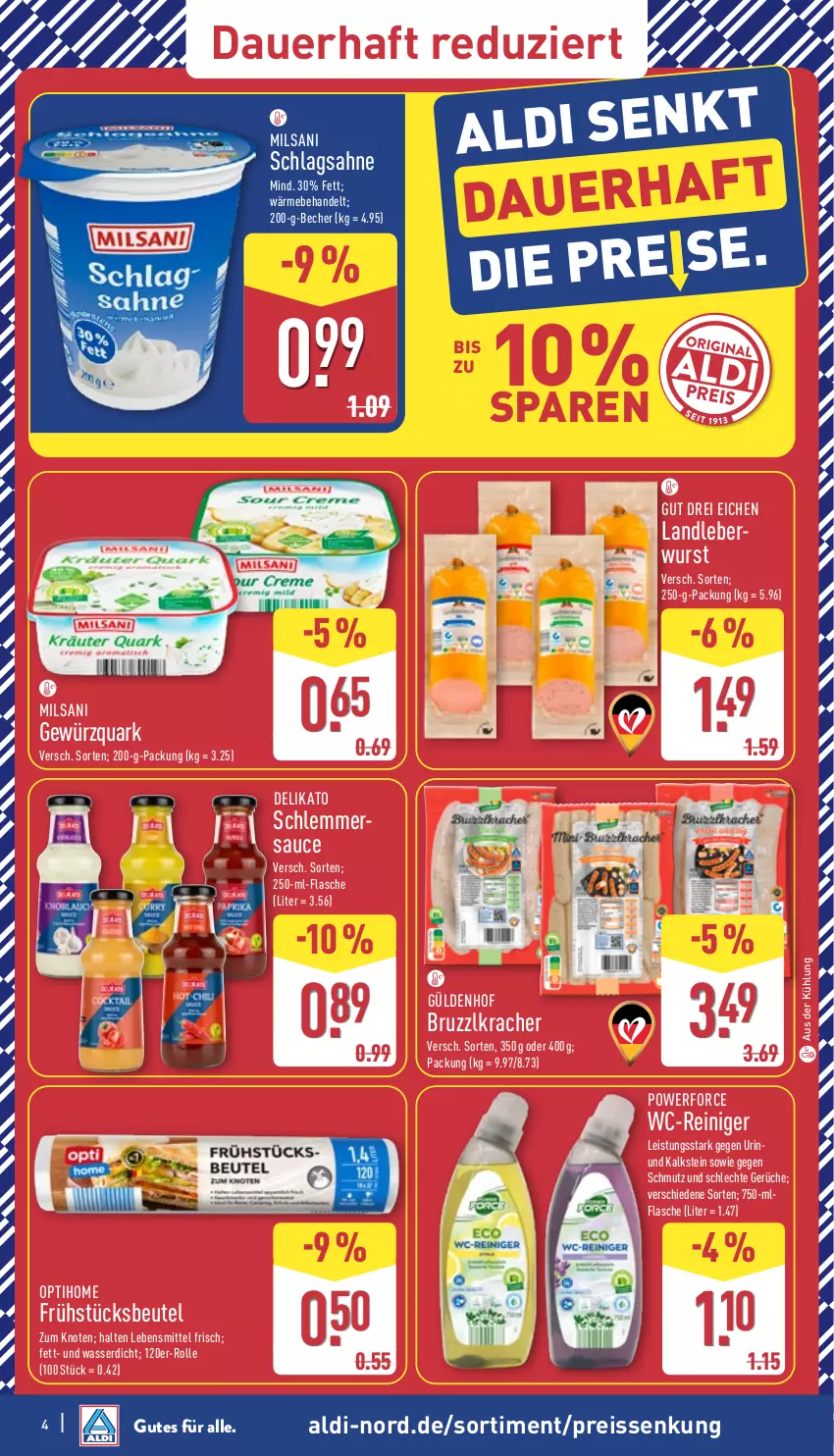Aktueller Prospekt Aldi Nord - Von Montag - von 25.08 bis 30.08.2025 - strona 4 - produkty: aldi, auer, Becher, beutel, eis, flasche, gewürz, gewürzquark, kracher, landleberwurst, lebensmittel, leberwurst, quark, reiniger, reis, reiss, sahne, sauce, schlagsahne, schlemmersauce, Ti, wasser, wc-reiniger, wurst