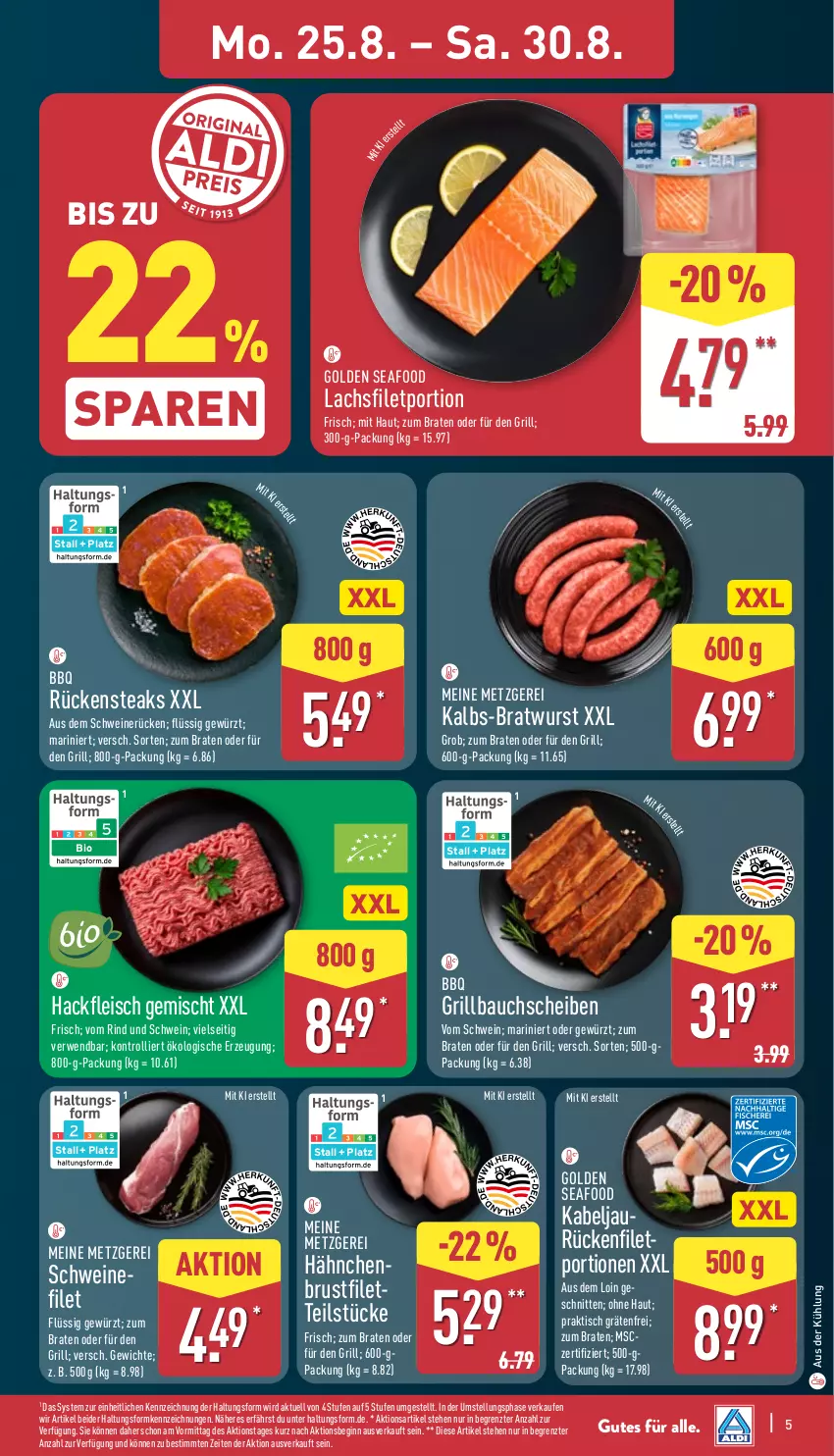 Aktueller Prospekt Aldi Nord - Von Montag - von 25.08 bis 30.08.2025 - strona 5 - produkty: Bau, bauchscheiben, bio, braten, bratwurst, brustfilet, eis, filet, fleisch, gewürz, gin, grill, Grillbauch, hackfleisch, hackfleisch gemischt, lachs, lachsfilet, rind, Rückensteak, rückensteaks, rwe, schnitten, schwein, schweine, schweinefilet, schweinerücken, steak, steaks, Ti, tisch, trolli, wein, weine, wurst, ZTE