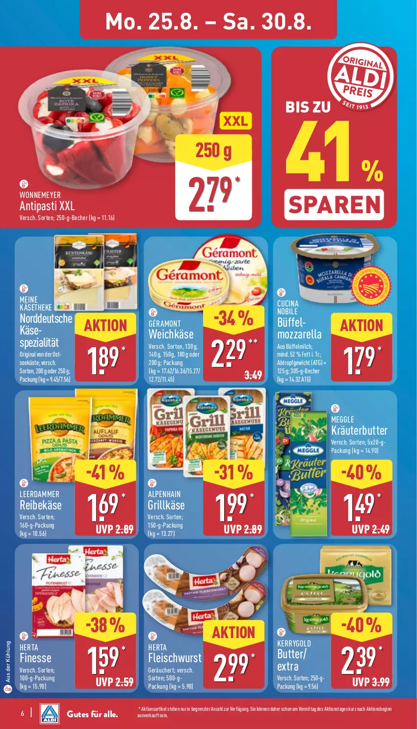 Aktueller Prospekt Aldi Nord - Von Montag - von 25.08 bis 30.08.2025 - strona 6 - produkty: Alpenhain, antipasti, asti, Becher, butter, cin, eis, finesse, fleisch, géramont, gin, grill, Grillkäse, herta, herta finesse, Käse, käsetheke, kerrygold, kräuter, kräuterbutter, leerdammer, meggle, milch, mozzarella, Reibekäse, rel, Spezi, Ti, weichkäse, wurst, ZTE