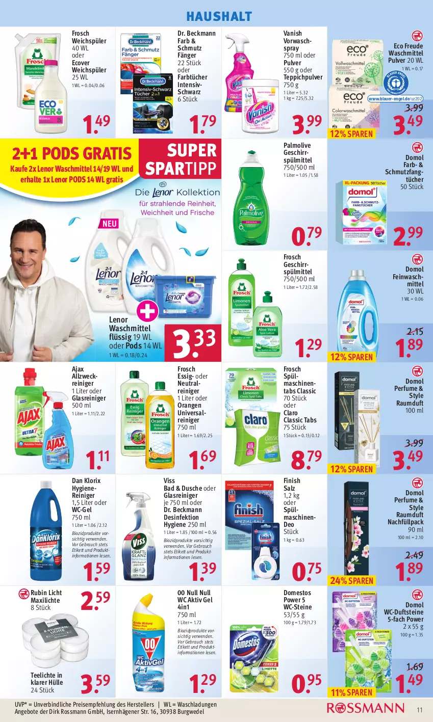 Aktueller Prospekt Rossmann - Prospekte - von 07.02 bis 11.02.2022 - strona 11 - produkty: ajax, aktiv gel, allzweckreiniger, angebot, angebote, auer, Bad, bio, biozidprodukte, deo, Desinfektion, domestos, Domol, Dr. Beckmann, dusche, eis, elle, Engel, essig, Fangtücher, feinwaschmittel, Finish, Frosch, geschirr, geschirrspülmittel, Glasreiniger, HP, lenor, lenor waschmittel, olive, orange, orangen, palmolive, Pods, Rauch, Raumduft, reiniger, reis, Rubin, rwe, salz, spartipp, spülmaschinen, spülmaschinentabs, spülmittel, tee, Teelicht, teelichte, teller, teppich, Ti, tücher, vanish, waschmittel, wc-gel, WC-Steine, weck, wedel, weichspüler